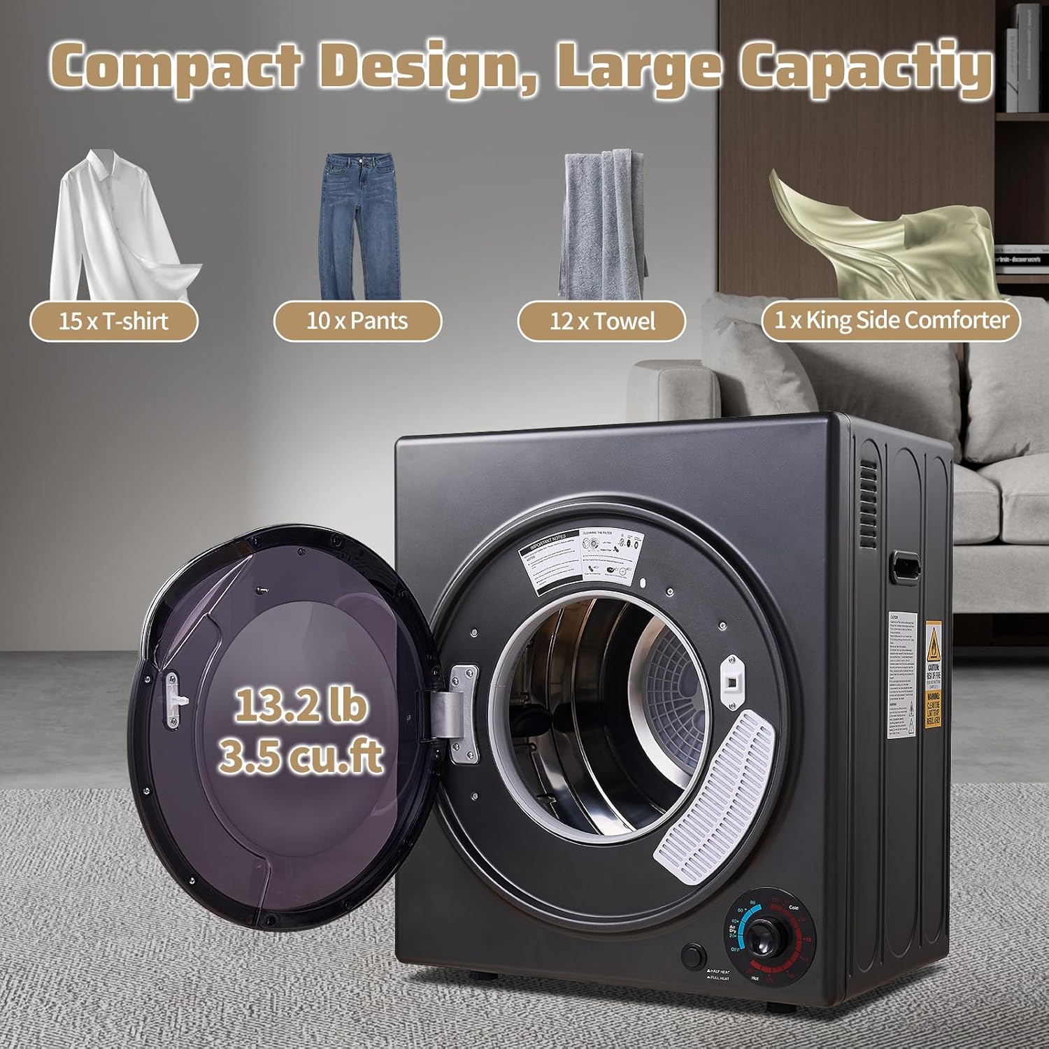 CTT Portable Clothes Dryer 3.5 cu.ft, 1500W Compact Dryer for Apartment