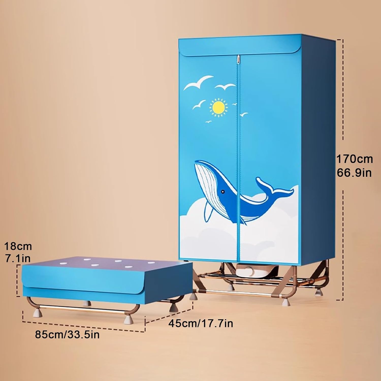 Clothes dryer, 1500W high power electric dryer, concealed button timer, single and double free switching, collapsible dryer, suitable for home, laundry room, flat, dormitory, caravan(Sky blue)