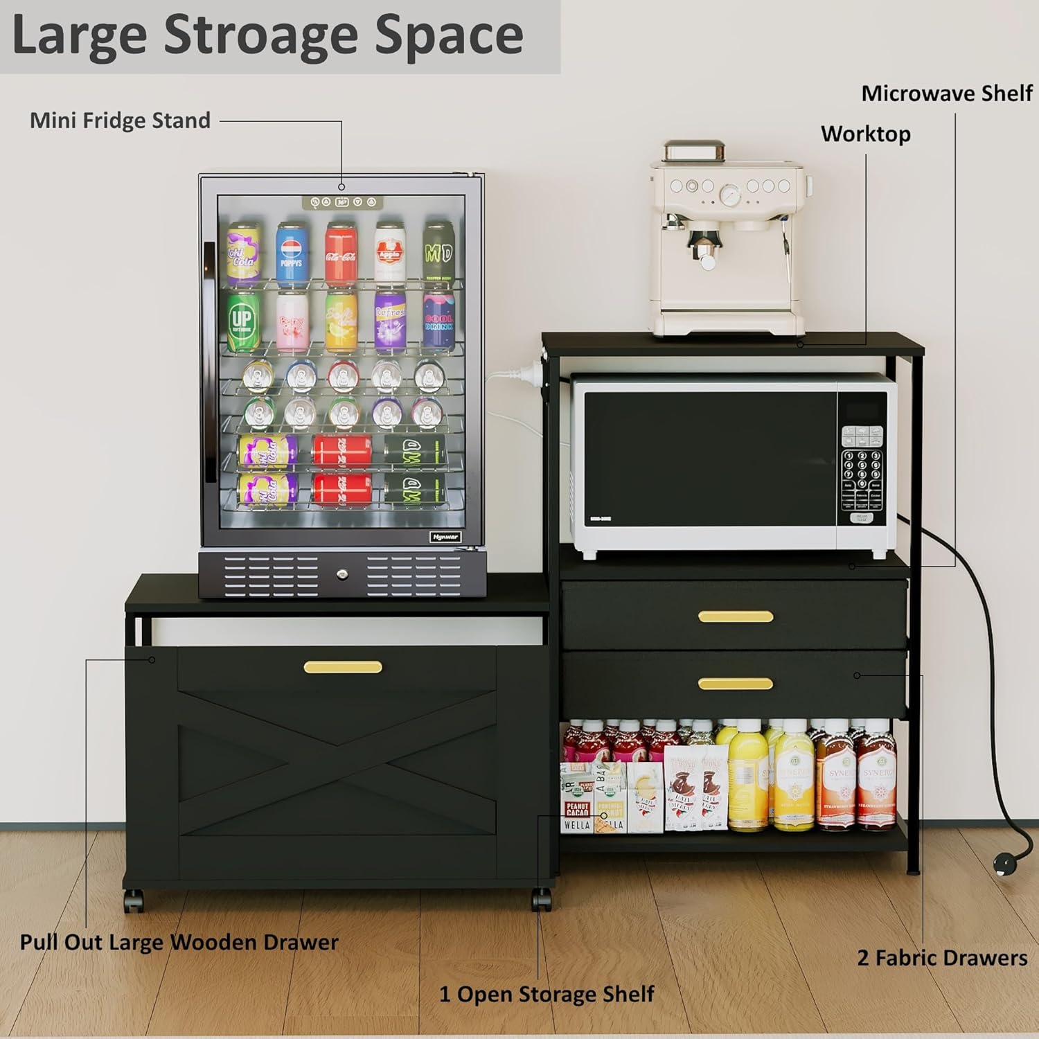 Mini Fridge Stand with Storage, Farmhouse Microwave and Mini Fridge Stand with Power Outlet & Cabinet, Kitchen Bakers Rack with Storage Shelf and Drawers for Home Dorm Office Bar, Black