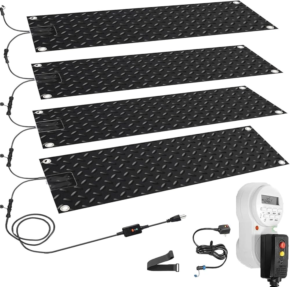 Heated Snow Melting Mat with Timer, 10''Width Non-Slip Electric Heated Foot Mat, Snowmelt Heated Walkway Mat with Power Cord, w/Power Cord, Slip-Proof Design for Ex(4 Pcs-10x30in/(25.4x76.2 cm))