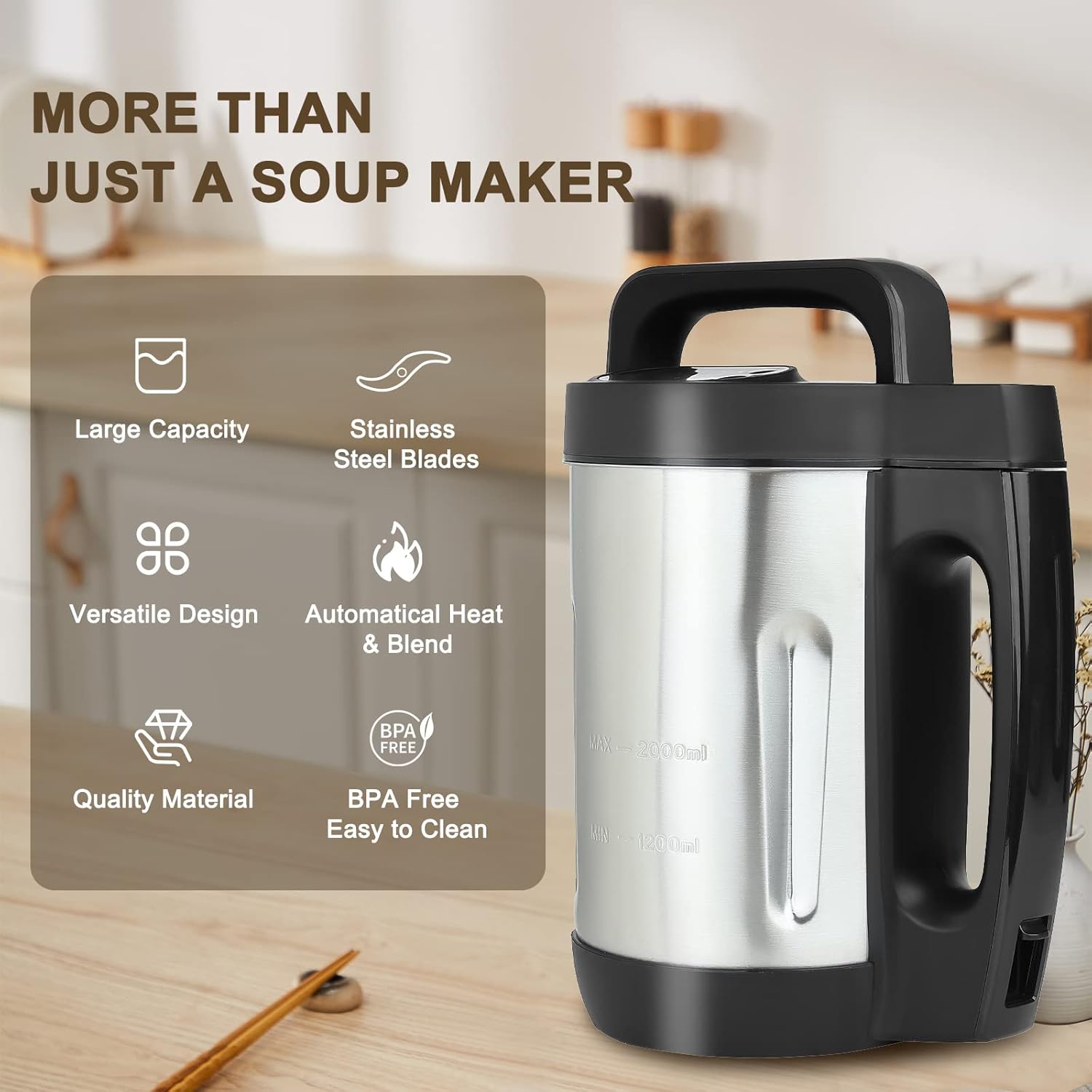Soup Maker 2 L, Makes 4-6 Servings, Soup Maker Machine with 6 Preset Programs, Electric Soup Machine Automatic Heating and Blending for Purées, Baby Foods, Smoothies, Stainless Steel