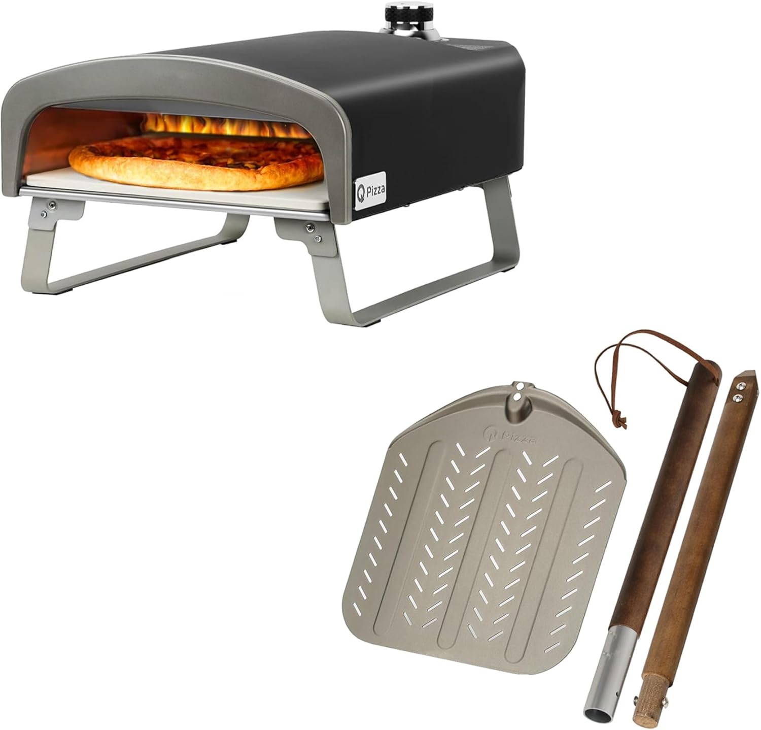 Q Pizza Outdoor Pizza Oven, Portable Gas Pizza Oven with 13x13in Pizza Stone & Perforated Aluminium 12x14in Pizza Peel Bundle, PS100 and PT203