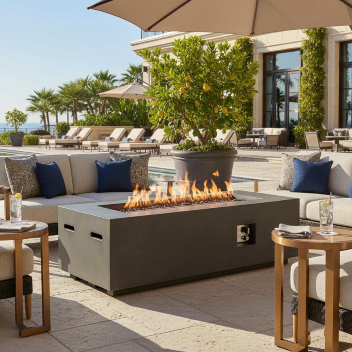 60-inch Rectangular Propane Fire Pit Table, 60,000 BTU Dark Gray Concrete Fire Table with Auto-Ignition, Waterproof Cover & Lava Rocks, Outdoor Patio Heater for Garden, Deck