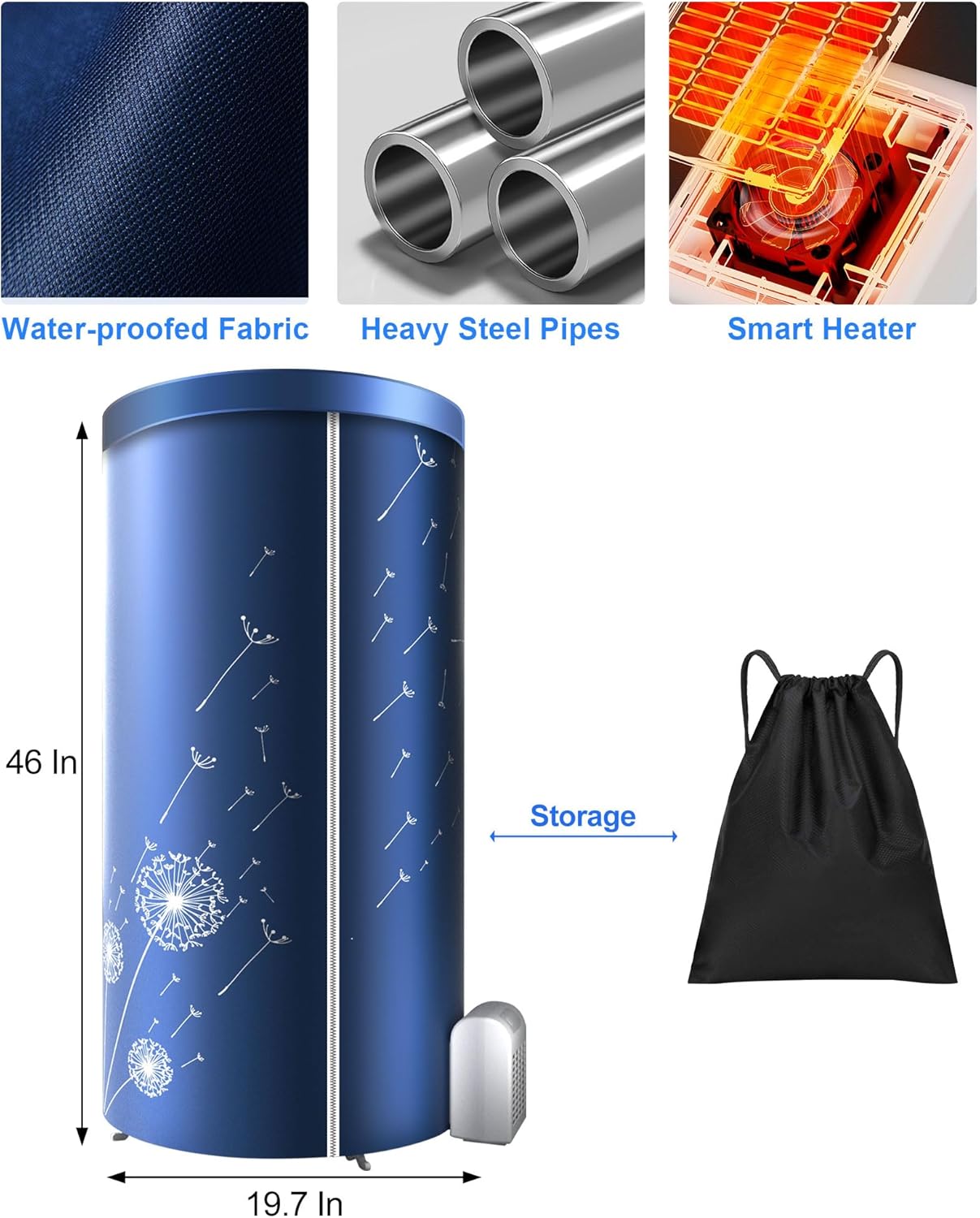 Portable Dryer, 46Inch-1000W Portable Clothes Dryer for Apartments, Portable Dryers Machine with Storage Bag, Mini Clothes Dryers for Travel, Home, RVs