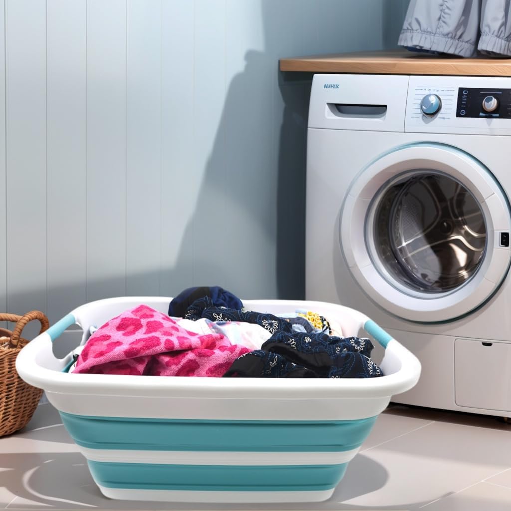 SAMMART 41L(10.8 gallon) Collapsible Plastic Laundry Basket-Foldable Pop Up Storage Container-Portable Washing Tub-Space Saving Basket,Water capacity 31L(8.2 gallon) (1, Bright Blue)