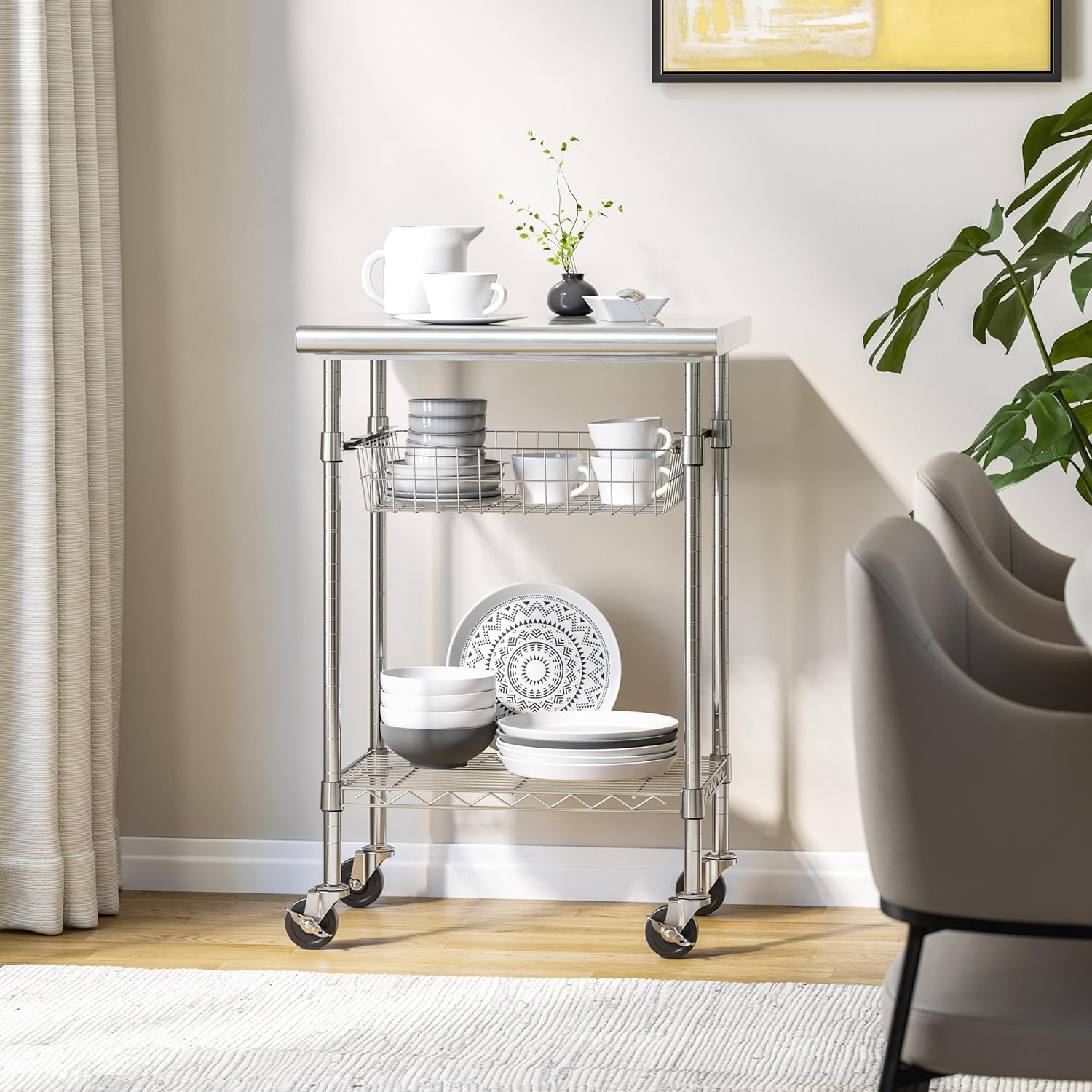 Seville Classics Commercial Work Table Island Utility Cart Prep Station, for Restaurant, Kitchen, Warehouse, Garage, Hotel, Home, Stainless-Steel Top NSF , 24