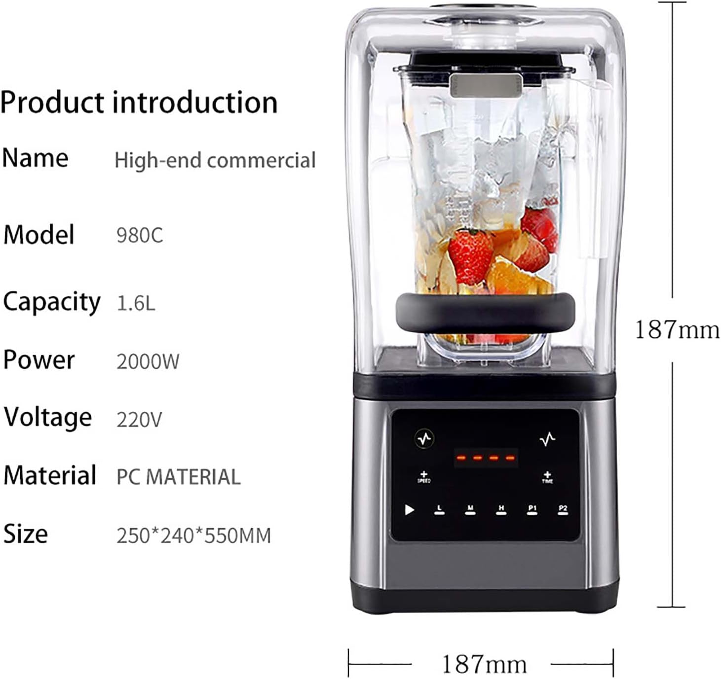 Commercial Blender Smoothie Maker, 1.6L Blender with Soundproof Shield, With Timing Function, Adjustable Speed and Time, for Crushing Ice, Smoothie, Puree, Bar Coffee Shop