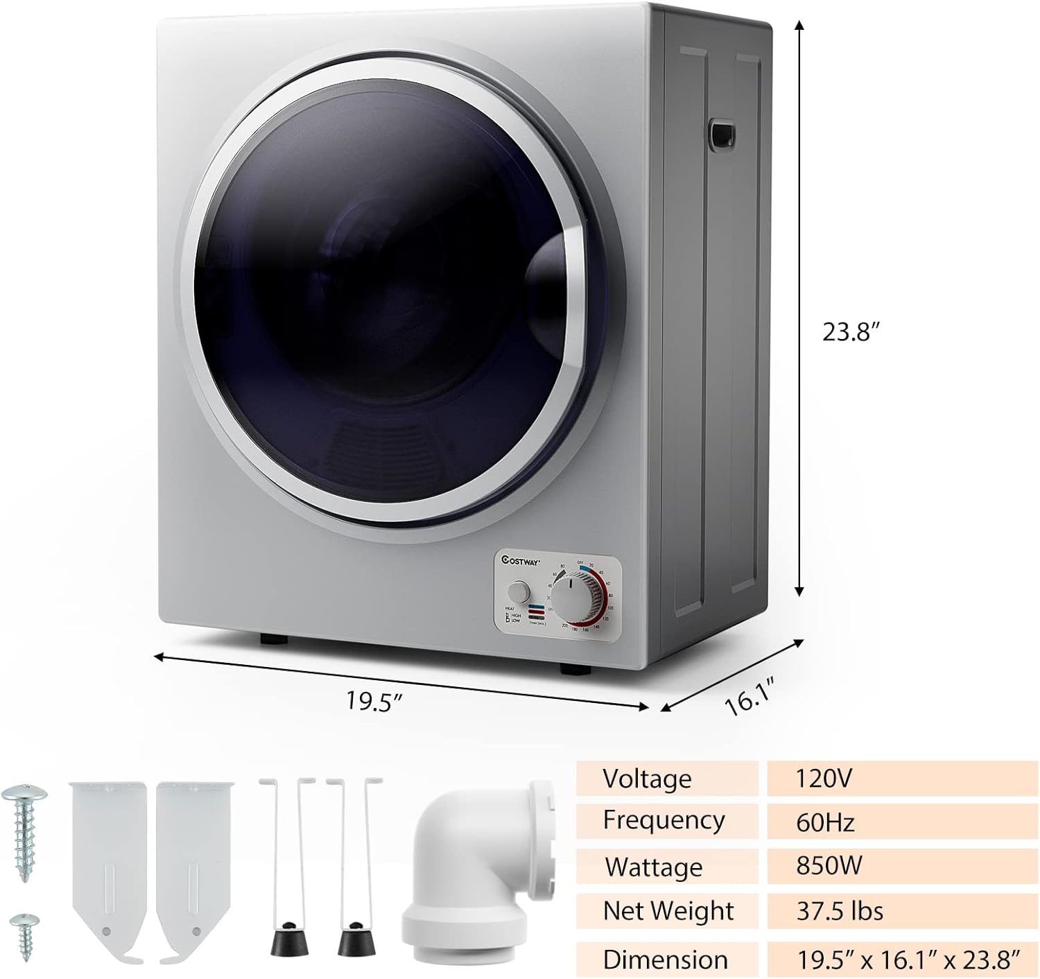 COSTWAY Compact Laundry Dryer, 110V Electric Portable Clothes Dryer with Stainless Steel Tub, Control Panel Downside Easy Control for 4 Automatic Drying Mode (Stainless Steel-Silver)