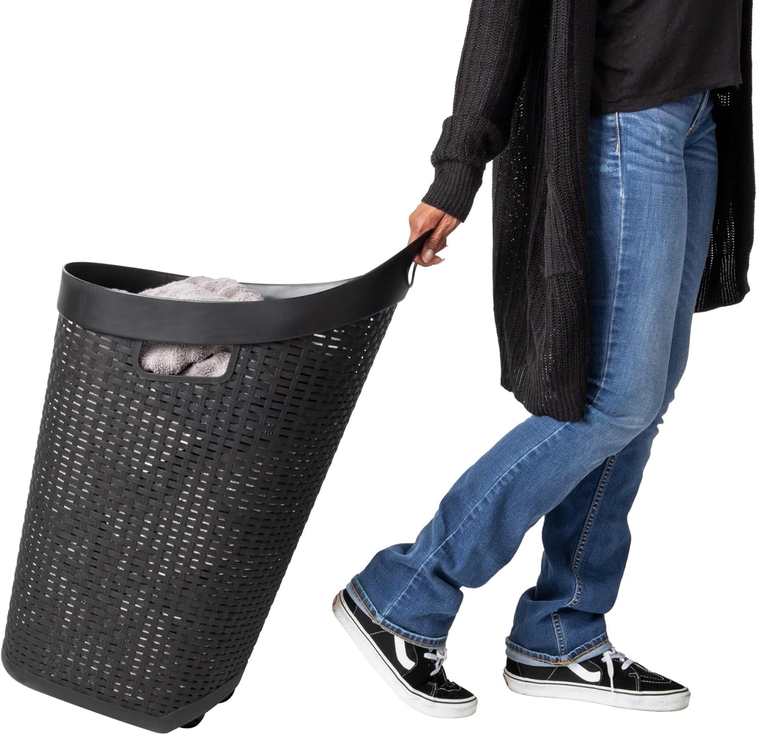 Mind Reader 60L Rolling Laundry Hamper, Clothes Basket, Wheels, Wicker Style, Plastic, 19.5