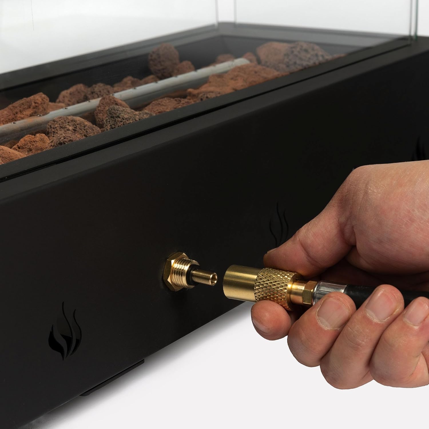 28' Rectangular 40000BTU Fire Pit, Steel Body with Integrated Lava Rocks and Wind Protection Glass, Adjustable Flame Grey