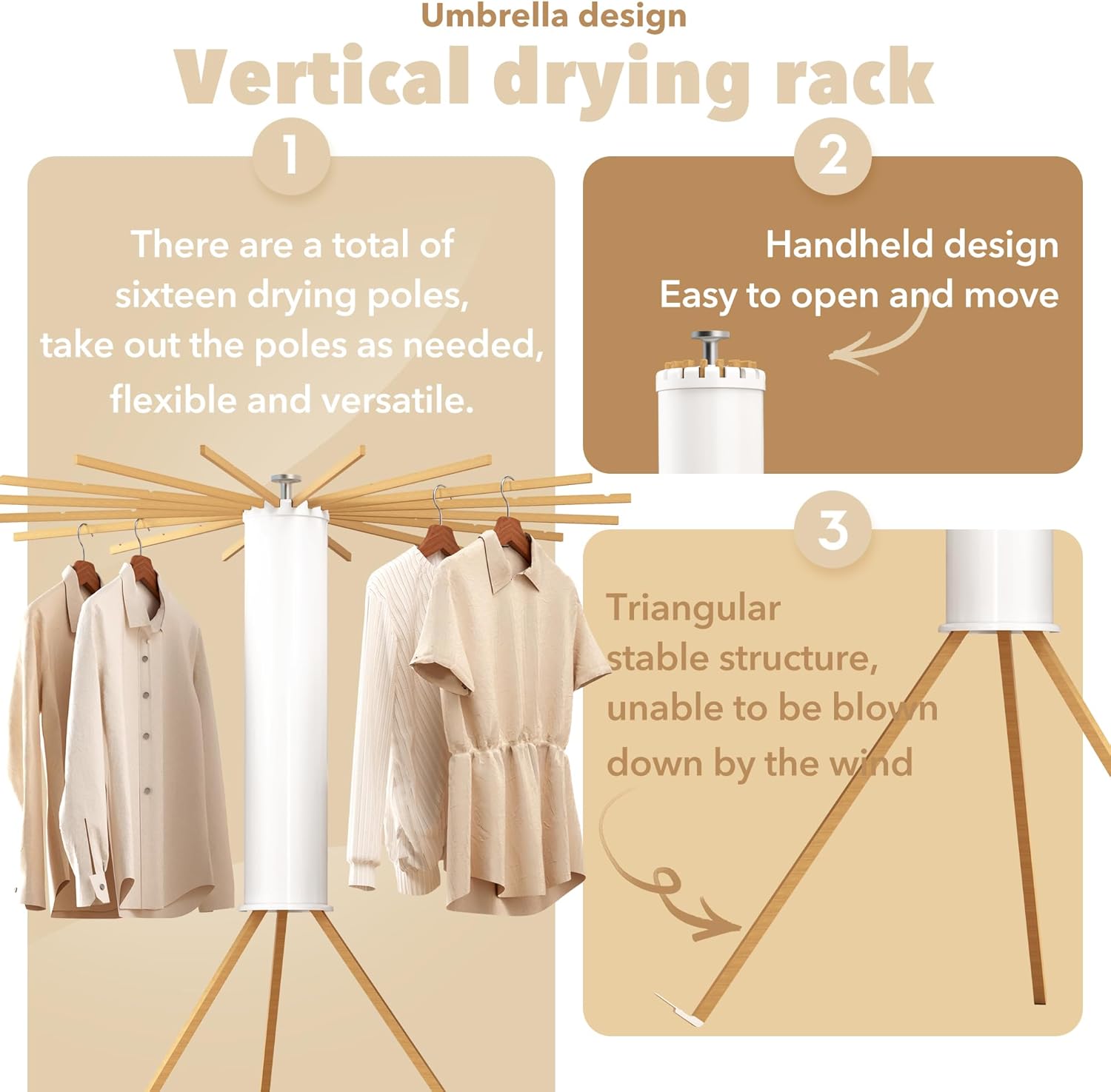 Tripod Clothes Drying Rack, Laundry Drying Rack for Clothing, Foldable Collapsible Space-Saving Umbrella Dryer with 16 Rods, Floor Standing Rack for Indoor Outdoor Use, Wooden