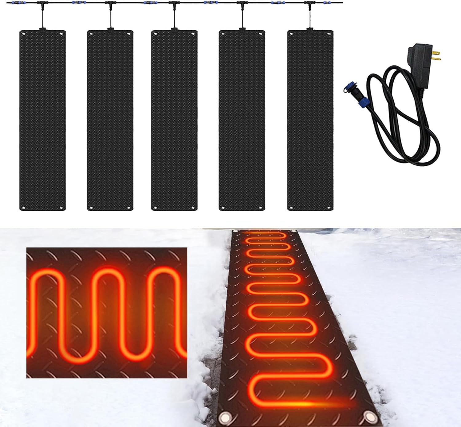 Heated Snow Melting Stair Mats for Walkway and Driveway - Ice Melting Heated Outdoor Rubber Mats to Melt Snow for Walkways Sidewalk - No Slip Heated Snow Melting Mat for Steps Deck(5pcs,20*60 in)