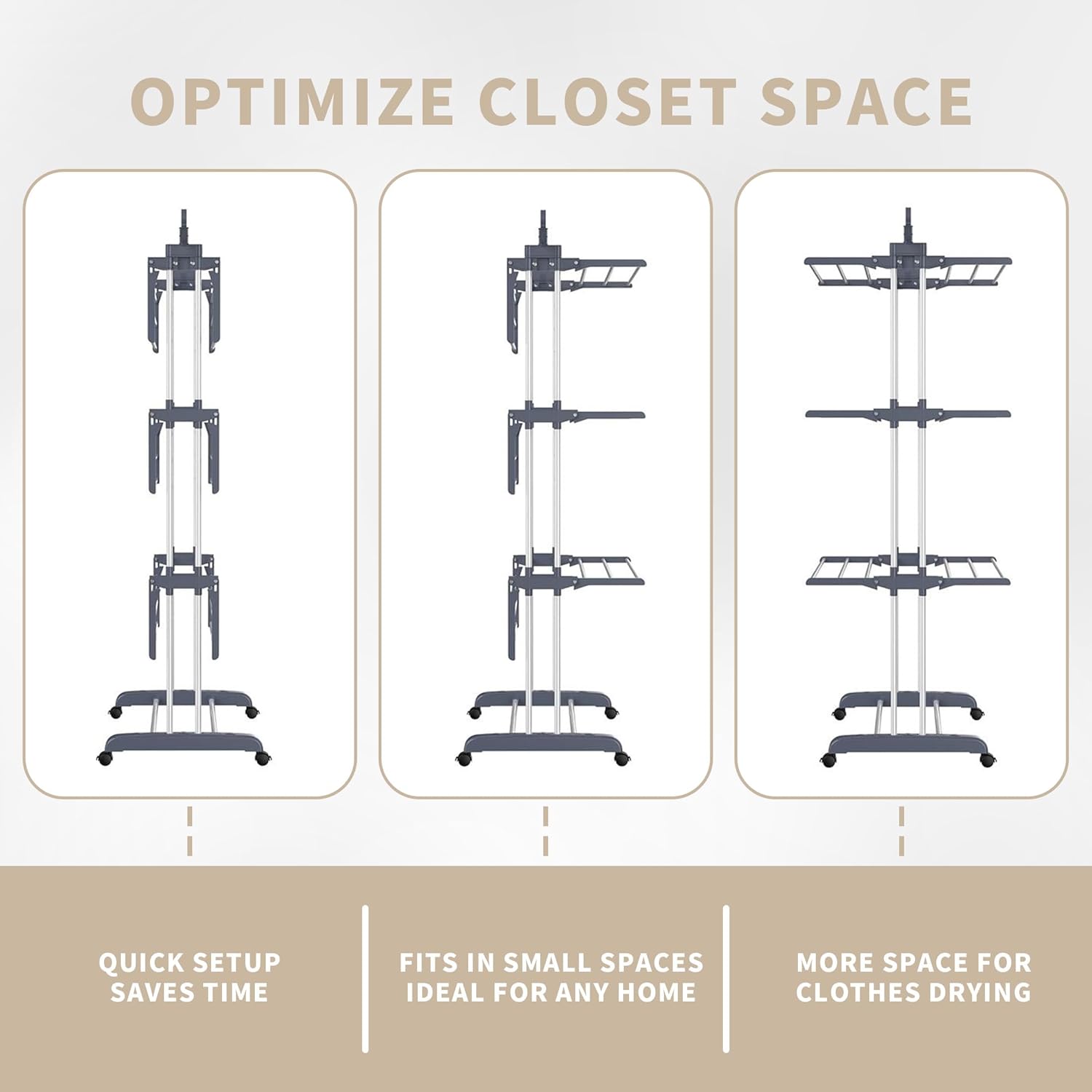 3-Tier Foldable Clothes Drying Rack with Wheels, 77 lb Capacity, Gray