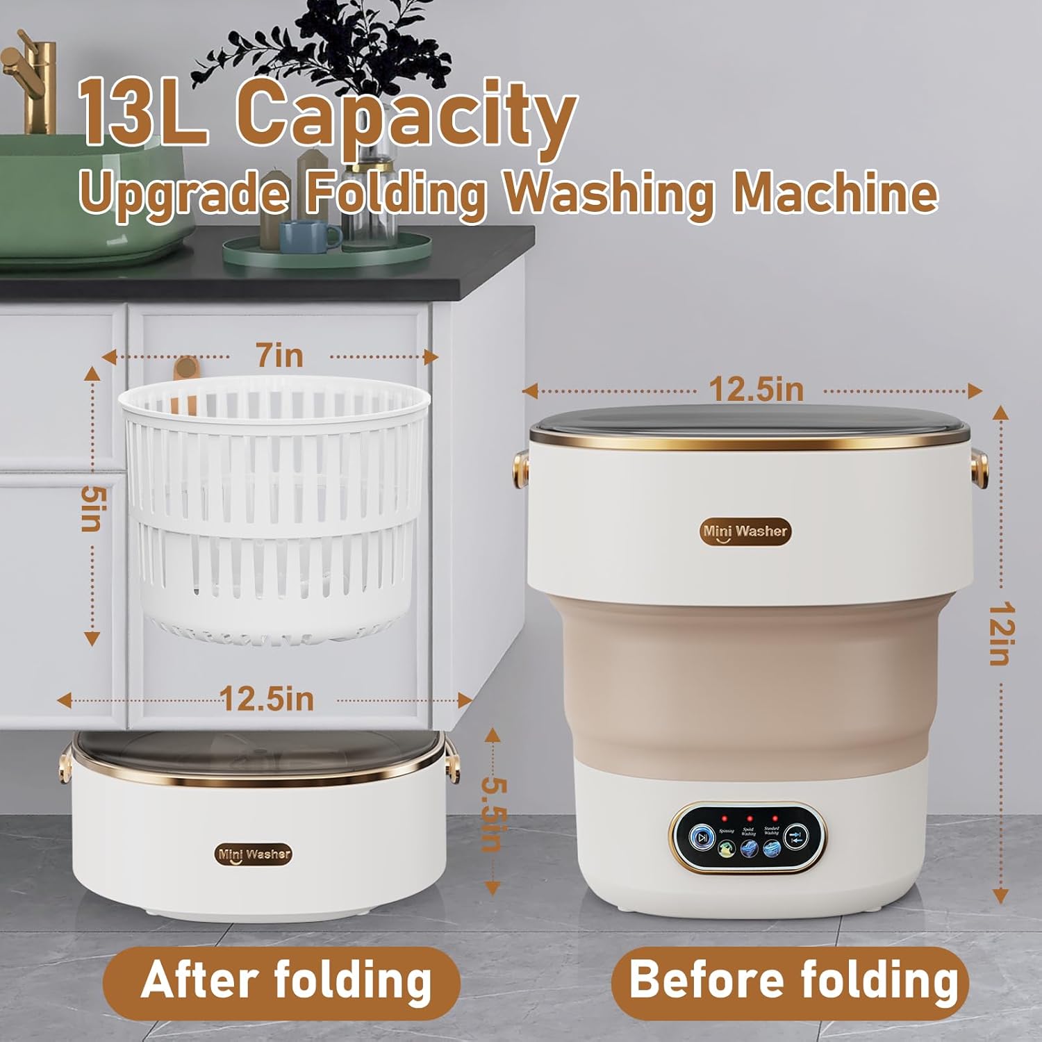 Portable Washing Machine, 13L Mini Washer and Spinner, 3 Cleaning Modes for Baby Clothes & Delicates, Small Portable Washer for Apartment, Dorm, Travel, Camping (Khaki)