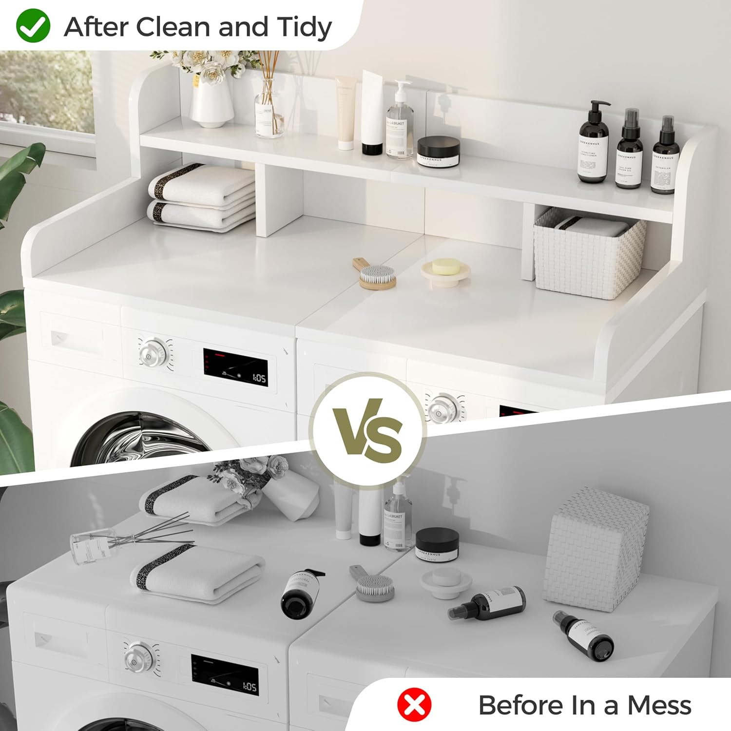Washer Dryer Countertop, 2-Tier Laundry Countertop Over Washer and Dryer with Edge Rails & Non-Slip Pads, 54