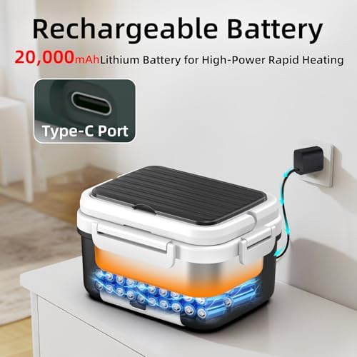 XL 6.3-Cups Cordless Electric Heated Lunch Box for Adults, 20000mAh Rechargeable Battery Powered Smart Self Heating Lunchbox for Men Women, 100W Food Warmer for Trucks Driver Travel Office Worker