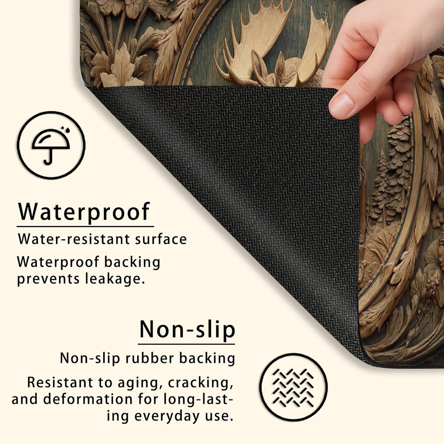 Moose Washer Dryer Top Protector Mat, Rustic Wood Carving Laundry Machine Dust Covers, Nature-Inspired Rubber Anti-slip Waterproof Washer And Dryer Mats for Laundry Room 24x24 Inch
