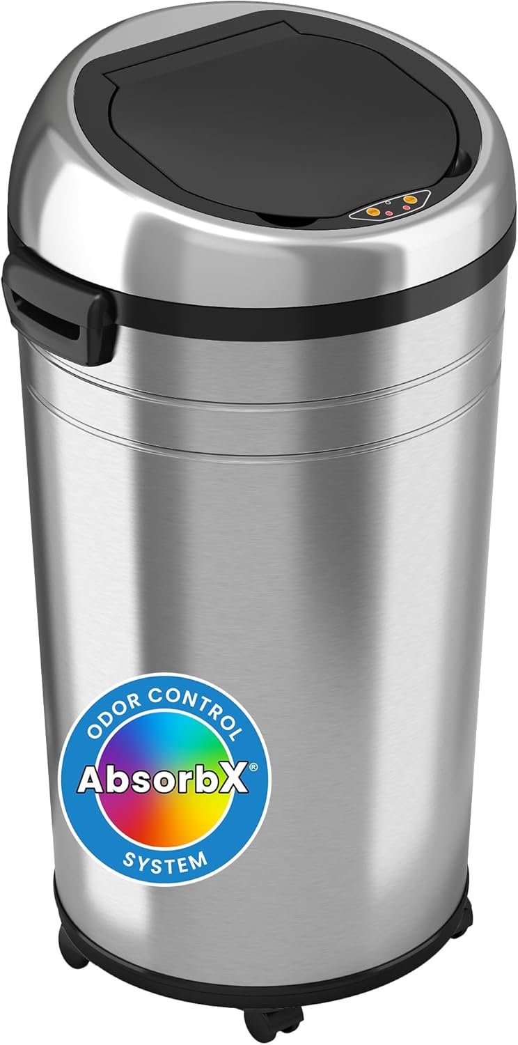 iTouchless 23 Gallon Commercial Size Touchless Trash Can with AbsorbX Odor Control System, Stainless Steel, 87 Liter Round Automatic Sensor Garbage Bin