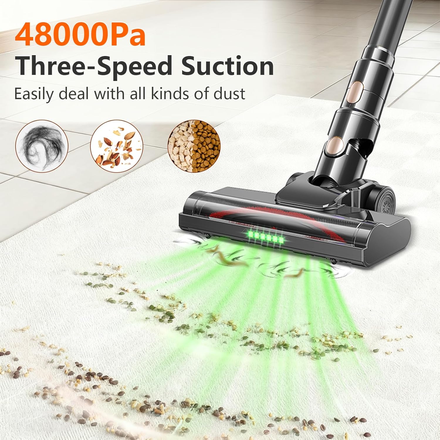 Cordless Vacuum Cleaner, 450W 48KPA Suction Power, 50 Minutes Runtime, Rechargeable Stick Vacuum for Carpet, Tile, Pet Hair, Hardwood Floors, Black Gold