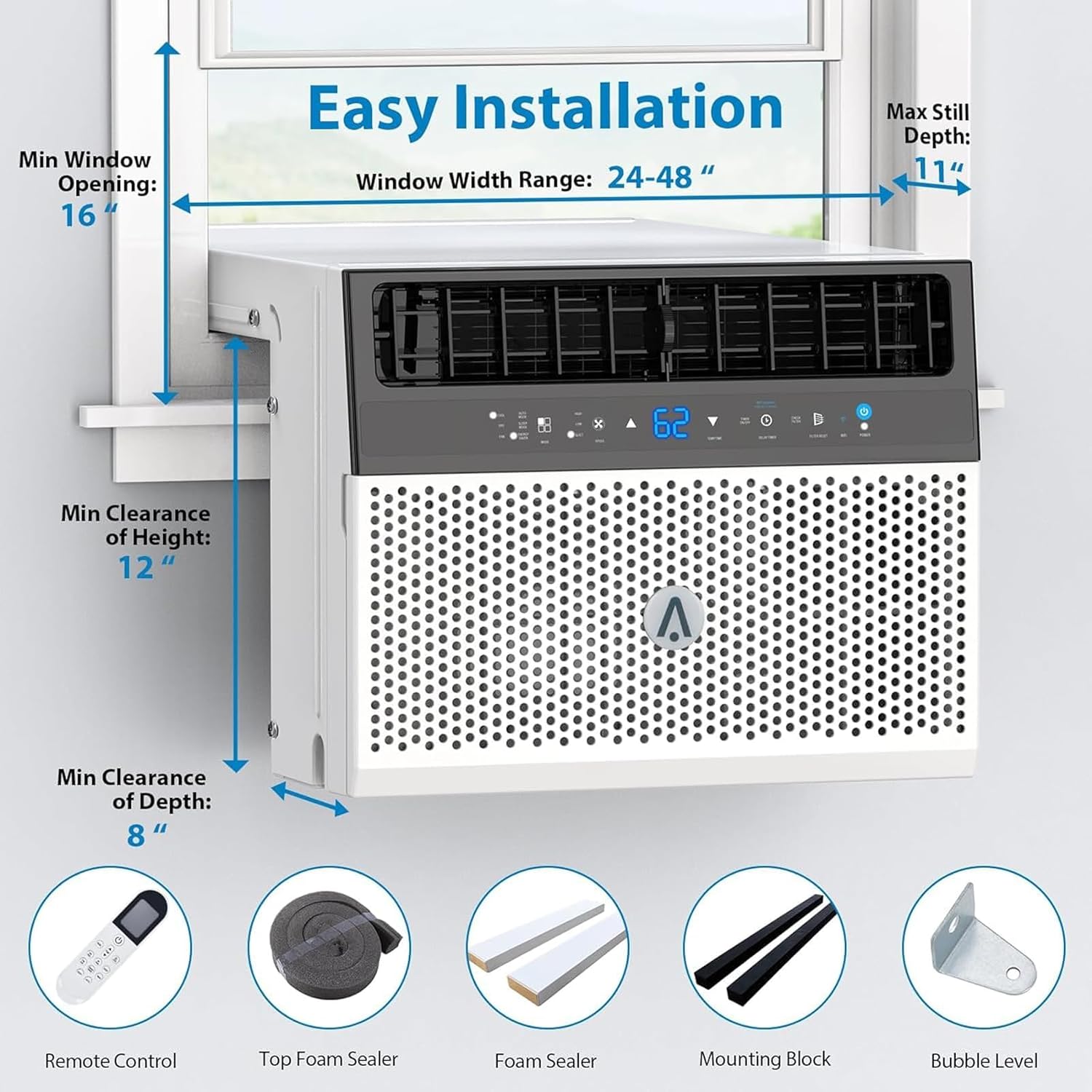 8000BTU Window Air Conditioner with Remote Control and Wifi - Washable Filter, Ultra Quiet Energy-Efficient Cooling, Cools Up to 370 Sq. Ft., Ideal for Home, Office, Dorm, White