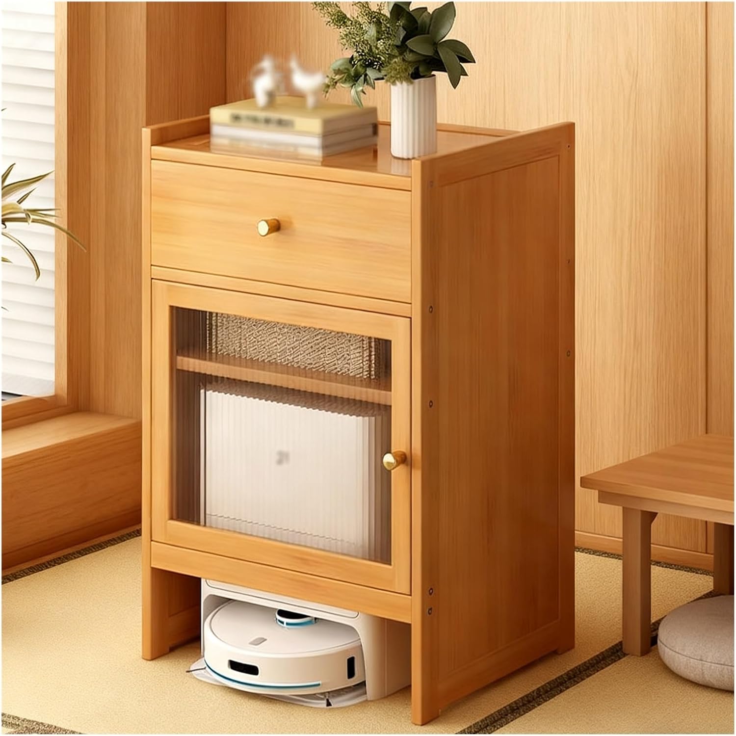 Robot Vacuum Hidden Cabinet Robot Vacuum Storage Cabinet Side Table for Living Room, Bedroom, Bathroom, Balcony, Save Space(Natural)
