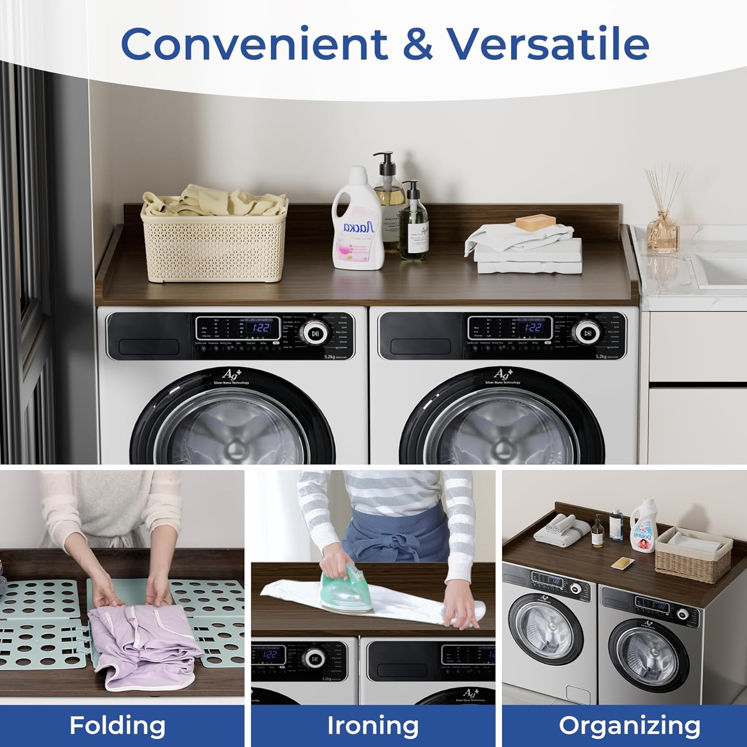 COOLBEBE Washer Dryer Countertop, Wood Washer Dryer Topper with Edge, 54