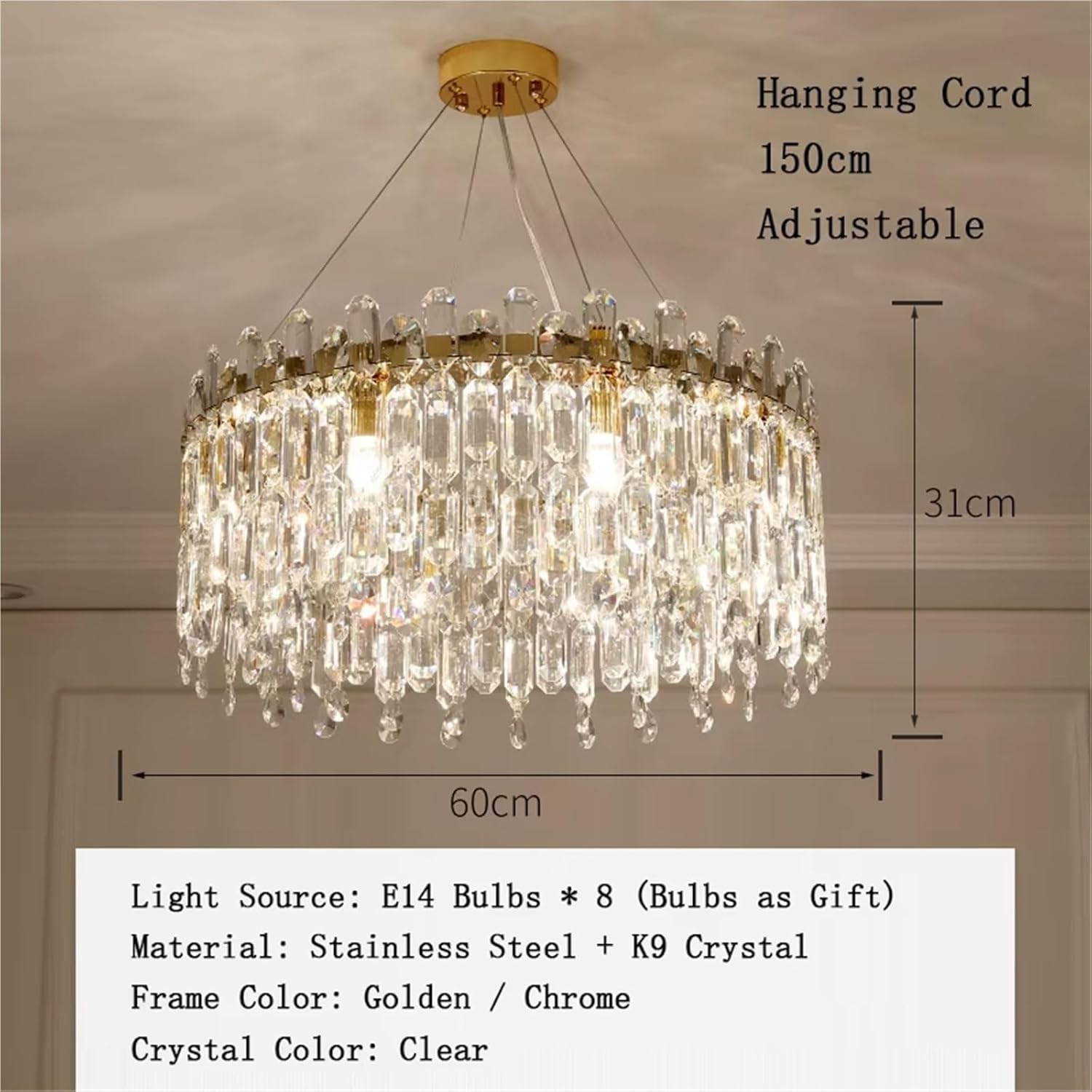 Sparkling Crystal Pendant Lights for Home Ceiling LED Luxury Modern Hanging Lamp for Room Decor Restaurant,Household