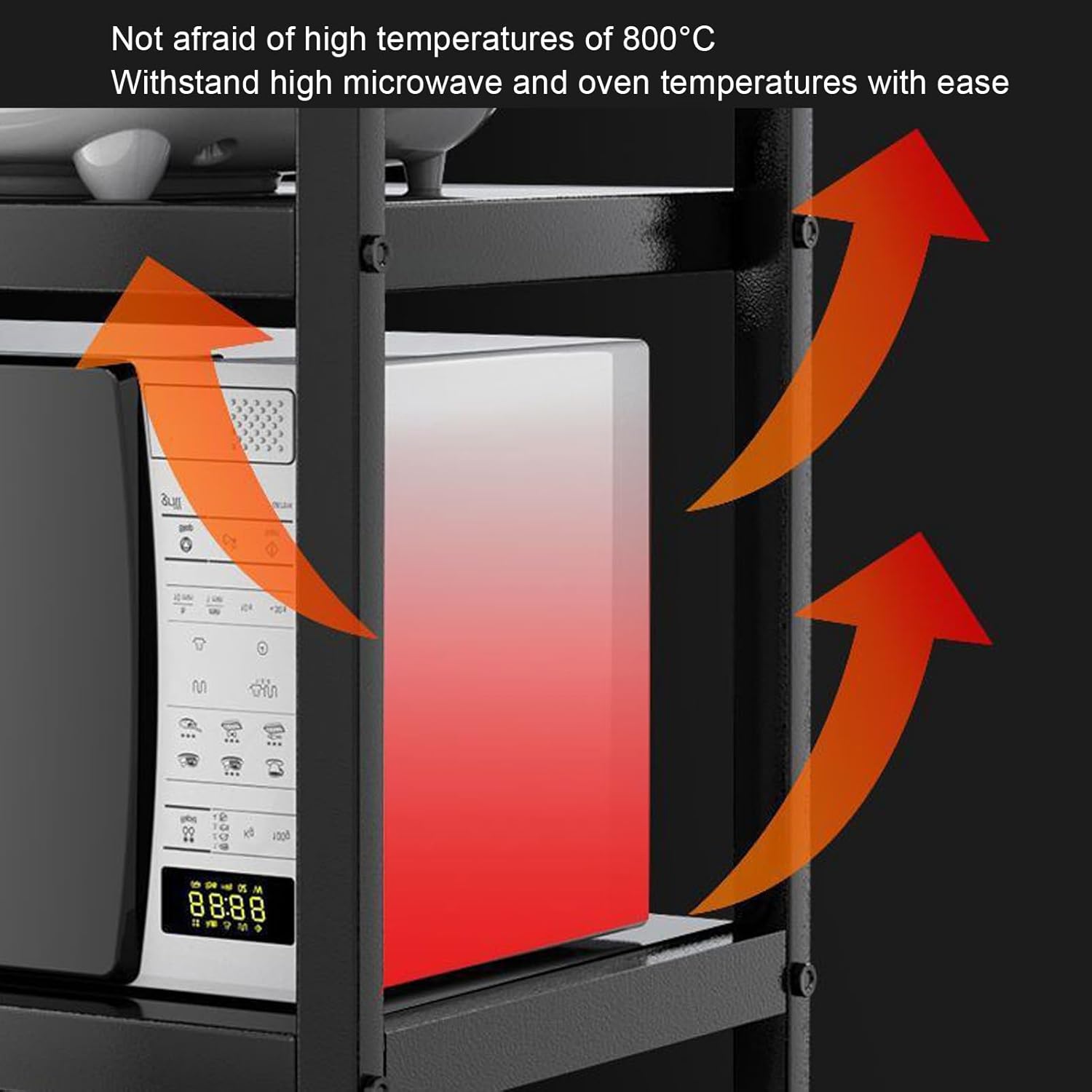 Microwave Oven Rack, Carbon Steel Shelf with 4 Hooks, Heavy Duty 198.4lb Capacity for Jars Utensils Storage