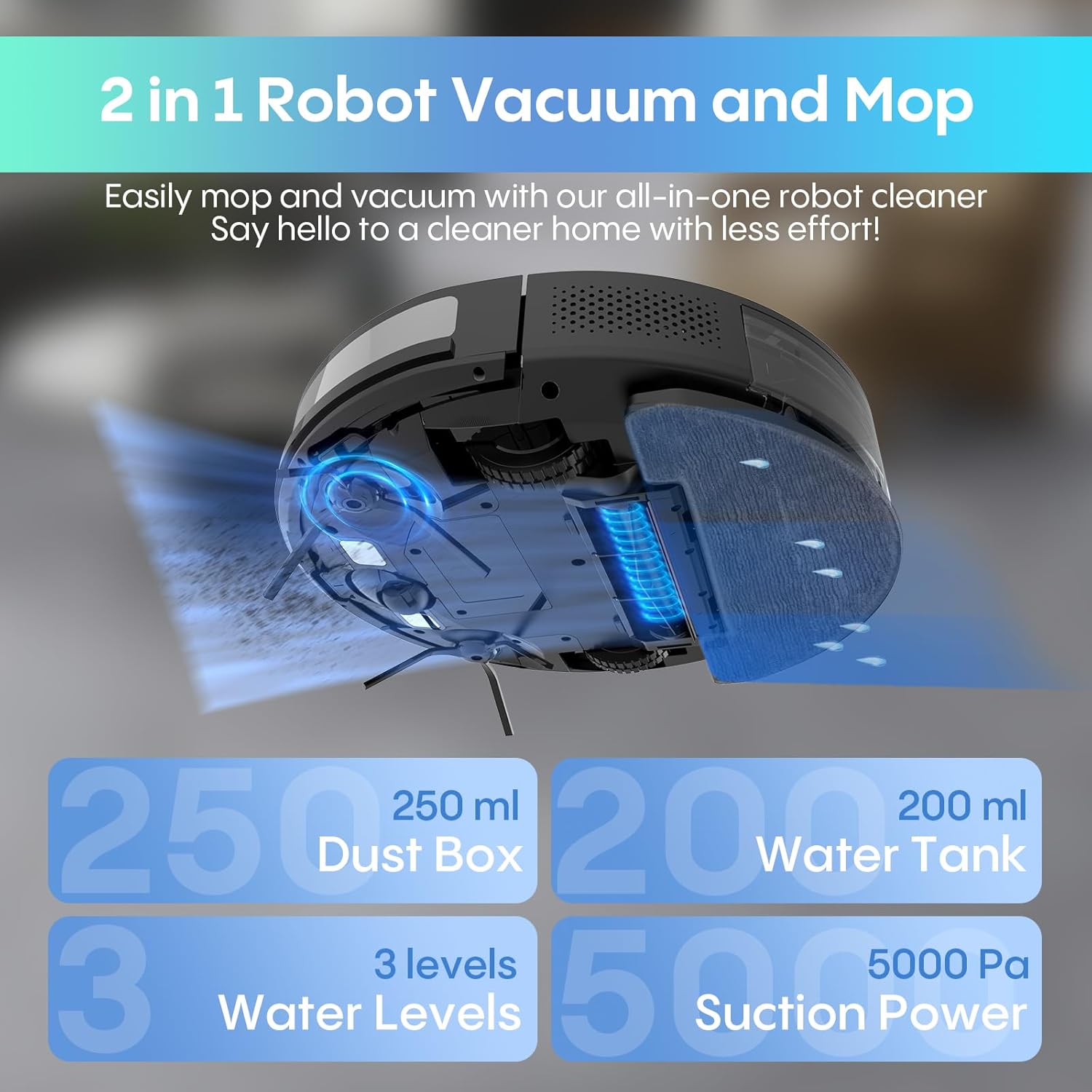 Bagotte Robot Vacuum and Mop Combo, 3-in-1 Robotic Vacuums, 5000Pa Strong Suction Brushless Motor, Auto Recharging,Tangle Free, Timing Function, App/WiFi/Voice/Remote for Hard Floor and Pet Hair