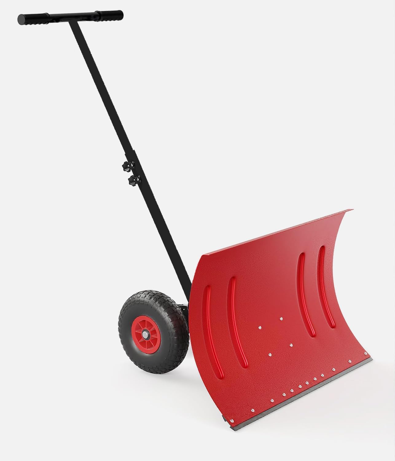 Snow Shovel with Wheels - Heavy Duty Steel Snow Pusher, 5-Position Angled Blade, Ergonomic Design, Back-Saving, Perfect for Driveway, Doorway & Sidewalk