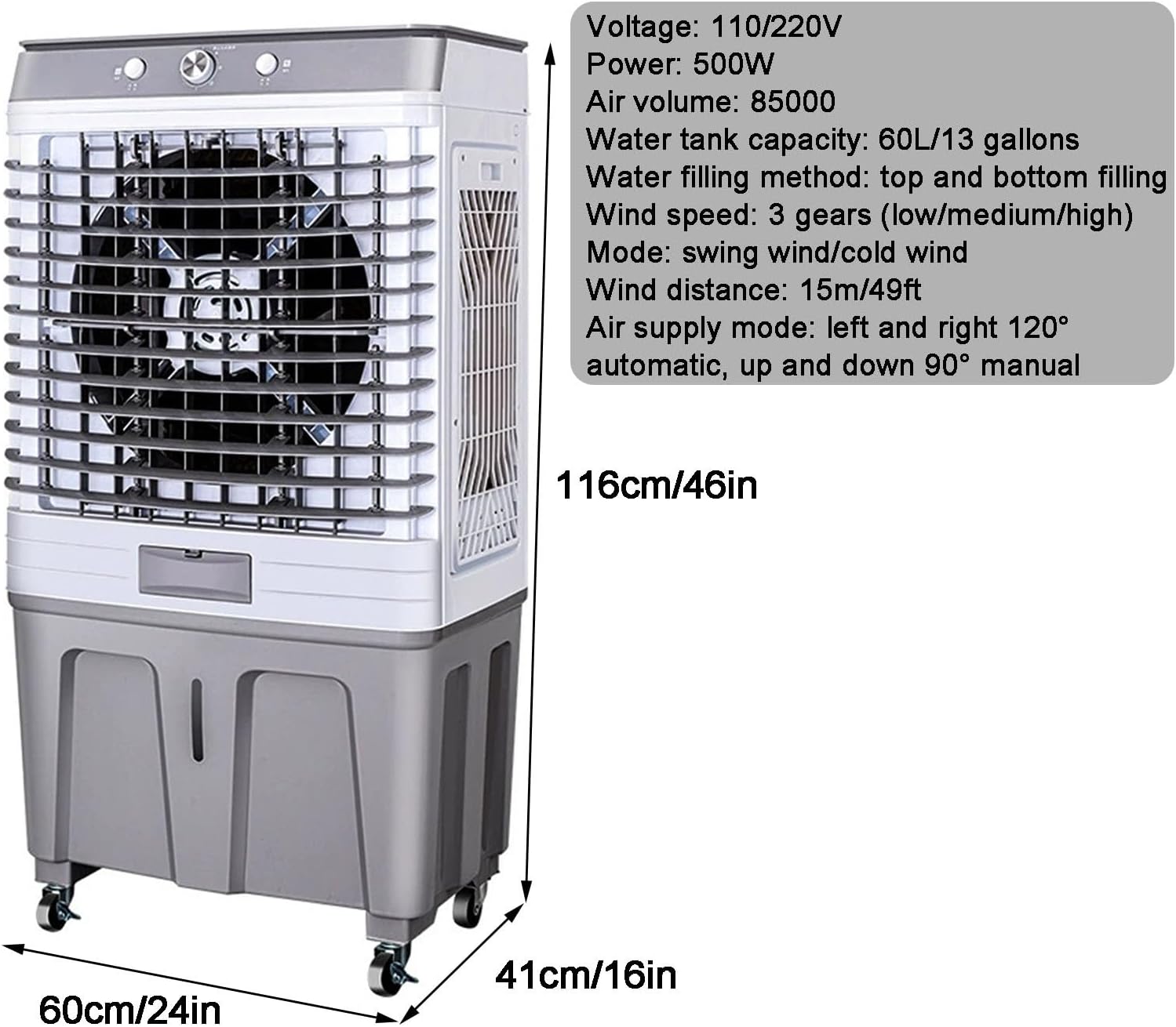 Evaporative Cooler, 3 in 1 Portable Air Cooler, Windowless Air Conditioner with 3 Speeds, Knob, 13 Gal Tank for Outdoor, Office, Home