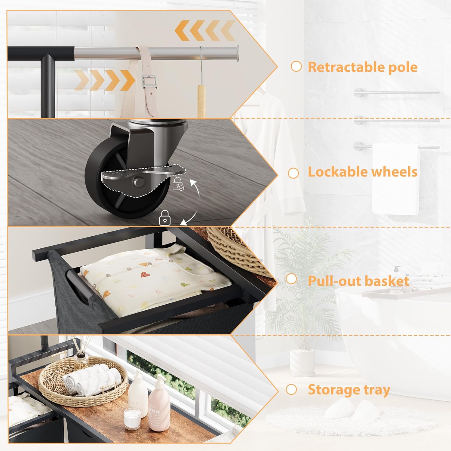 GarveeHome Rolling Laundry Cart with Hanging Rack & Utility Shelf | 4-Section Laundry Sorter Hamper with Lockable Wheels | Laundry Basket Organizer for Laundry Room, Bedroom, Bathroom | Black