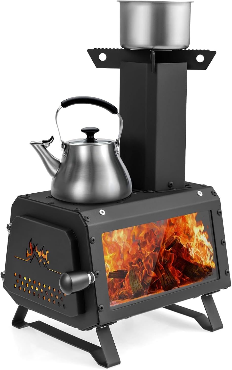 Giantex Portable Camping Wood Stove, Mini Wood Burning Stove w/ 2 Cooking Positions, Anti-scalding Door Handle, Glass Window, Tabletop Fire Pit for Outdoor Cooking Heating,11