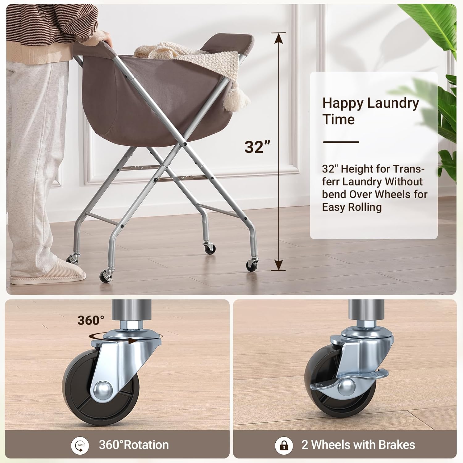 ELYKEN Laundry Cart with Wheels, 32”H Easy Rolling Laundry Hamper with Removable Liner Bag, Sturdy Metal Frame Clothes Basket with 4 Casters and 2 Brakes