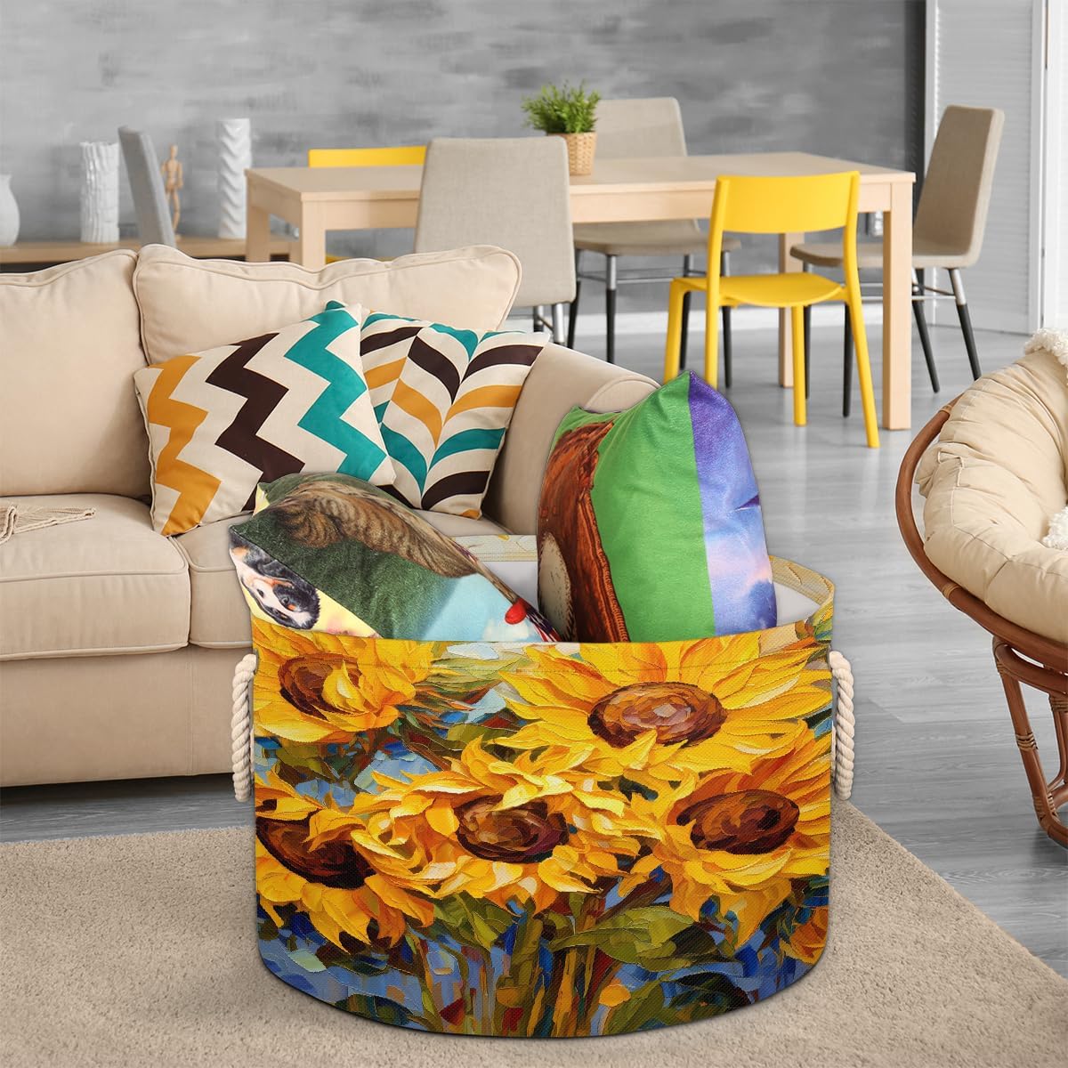 Abstract Oil Painting Sunflower Round Storage Basket Laundry Hamper Collapsible Laundry Basket with Handles Large Canvas Storage Bin for Clothes Toys Nursery Bedroom Closet Organizer