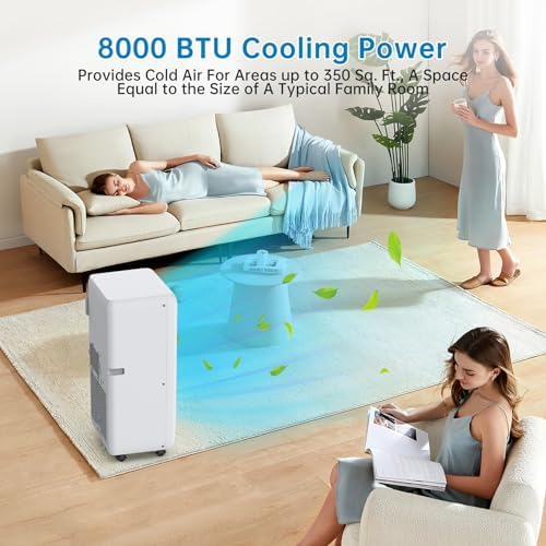 8000 BTUs Portable Air Conditioner, 3 in-1 AC Unit For 350 Sq. Ft. With Built-In Dehumidifier, 2-Speed Fan, 24-Hour Timer, Remote Control, Led Display For Bedrooms