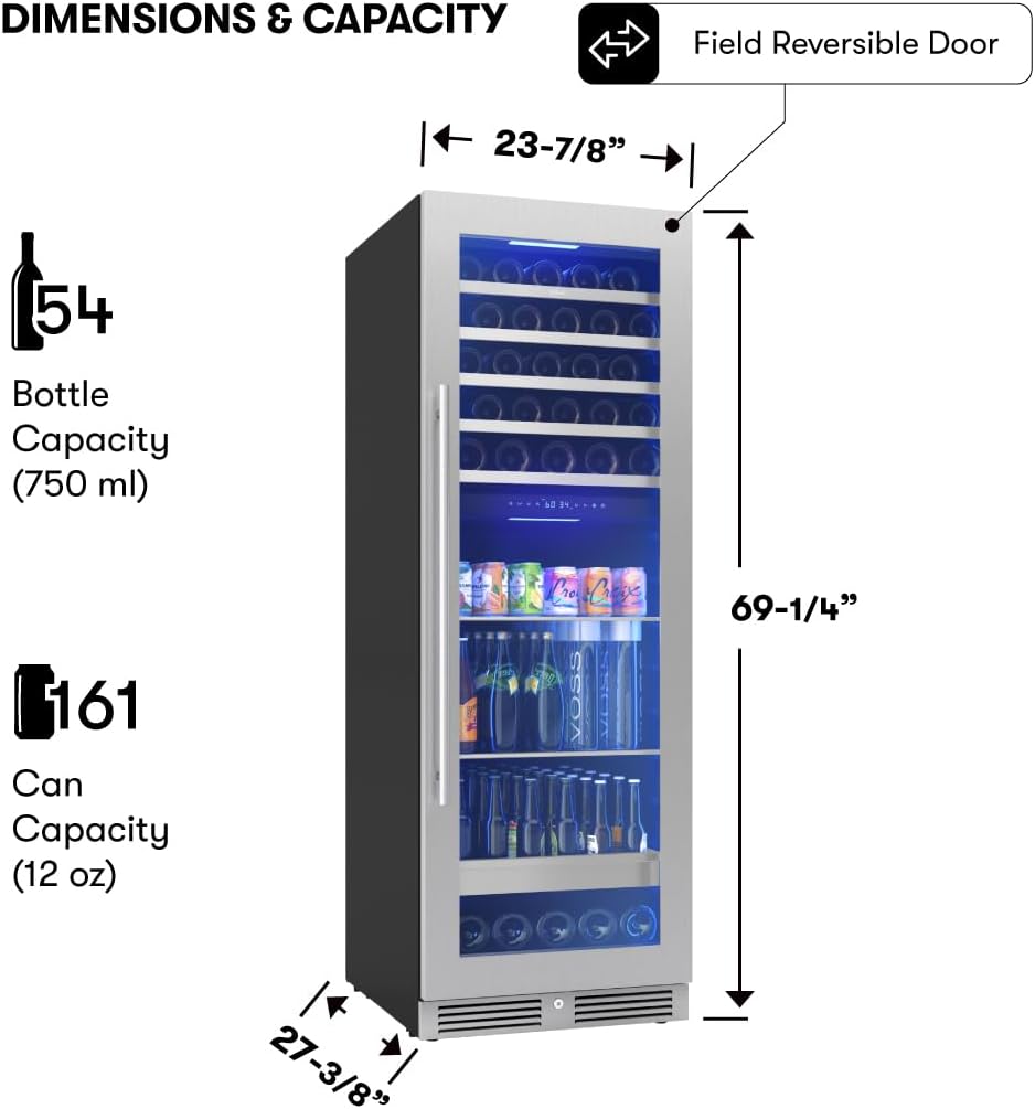 Zephyr 24 Inch Wine Fridge & Beverage Refrigerator Dual Zone Full Size - Tall Wine Cooler Cellars Large Bar Drink Cabinet Freestanding with Glass Door - 161x12oz cans & 54x750 ml bottles
