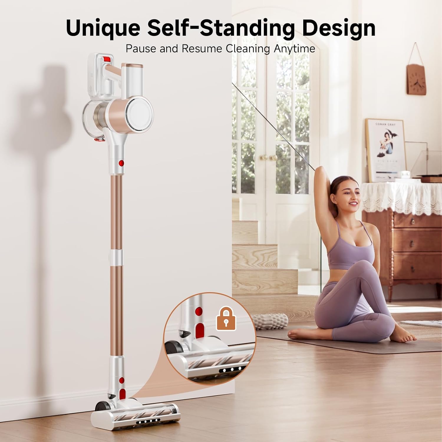 Cordless Vacuum Cleaner, Powerful Suction Vacuum Cleaners for Home, Stick Vacuum Cordless with LED Display, Anti-Tangle & Wall Mount, 8 in 1 Lightweight Vacuum for Hard Floors Pet Hair(Gold)