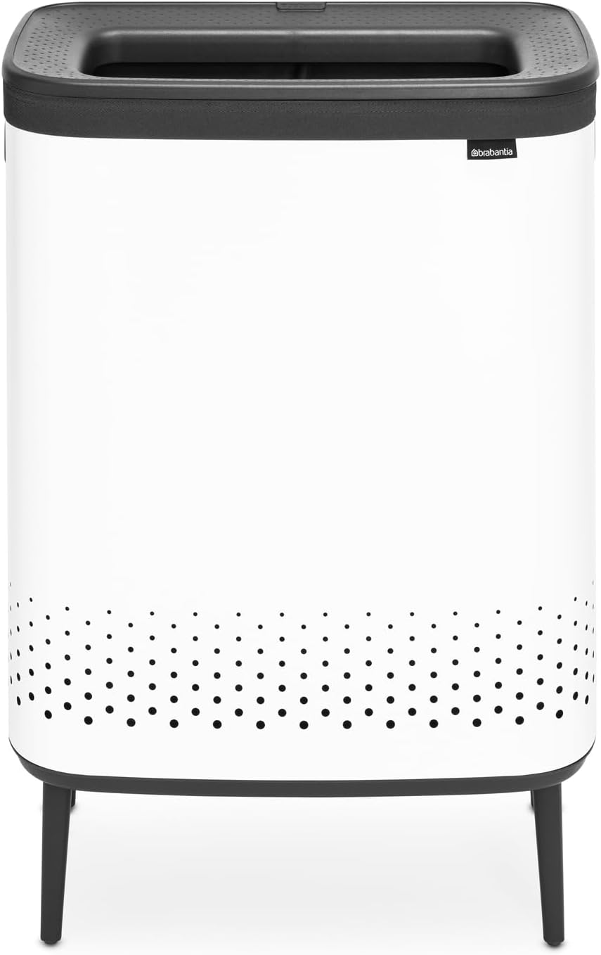 Brabantia Bo Laundry Hamper Hi (White) 2 Compartment Removable Laundry Bag 2 x 12 Gal, Ventilated Stylish Dirty Clothes Holder, Flat Back, Off-the Ground, Anti-Rust Materials for Bathroom Use
