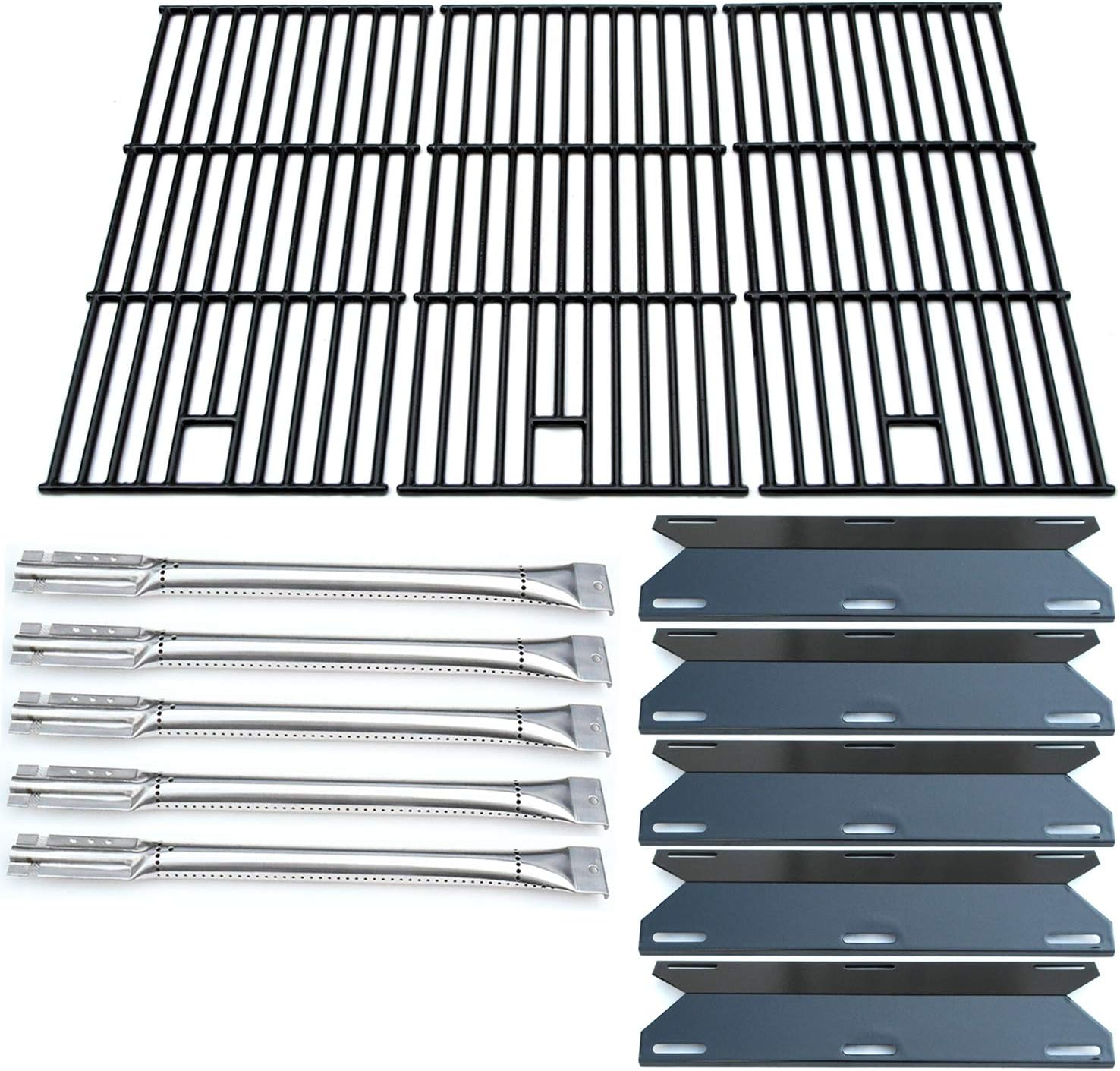 Direct store Parts Kit DG180 Replacement for Perfect Flame 5 Burner 720-0522; Charmglow 5 Burner 720-0396,720-0578 Gas Grill(SS Burner + Porcelain Steel Heat Plate + Porcelain Cast Iron Cooking Grid)