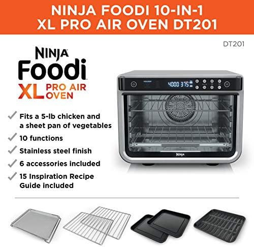 Ninja Air Fryer & Toaster Oven | Foodi Series, XL Pro Air Oven Kitchen Countertop Convection | 10-in-1 Functions | Fits a 5-lb Chicken & Sheet Pan of Vegetables | 1800 Watts | Stainless Steel | DT201
