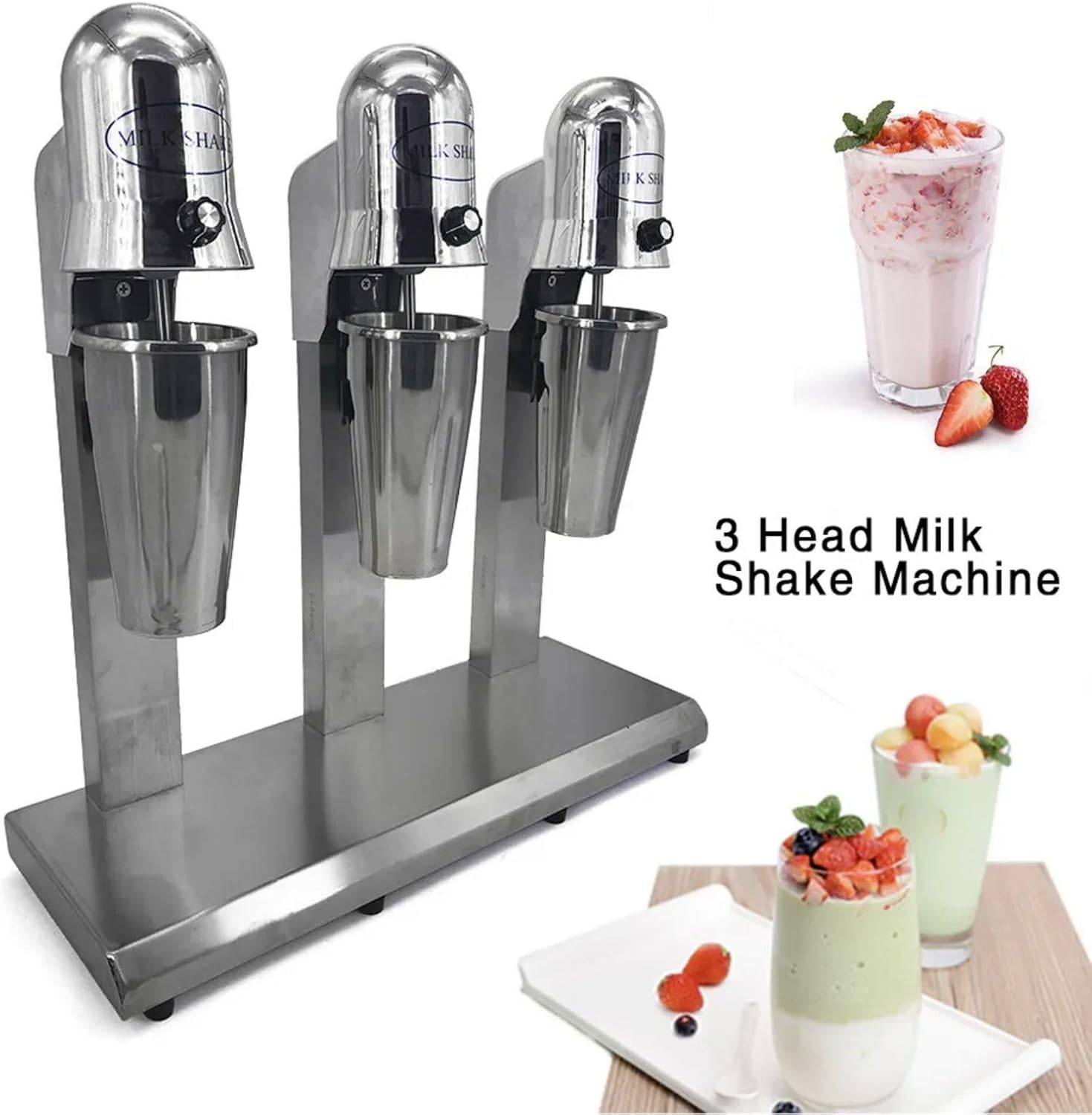 3Head Electric Milk Shake Machine Milkshake Mixer Ice Cream Drink Milk Shake Machine Commercial Stainless Steel Bar Electric Blender Tea Mix With 3 X 800Ml Cup For Milk Tea Store (Silver)
