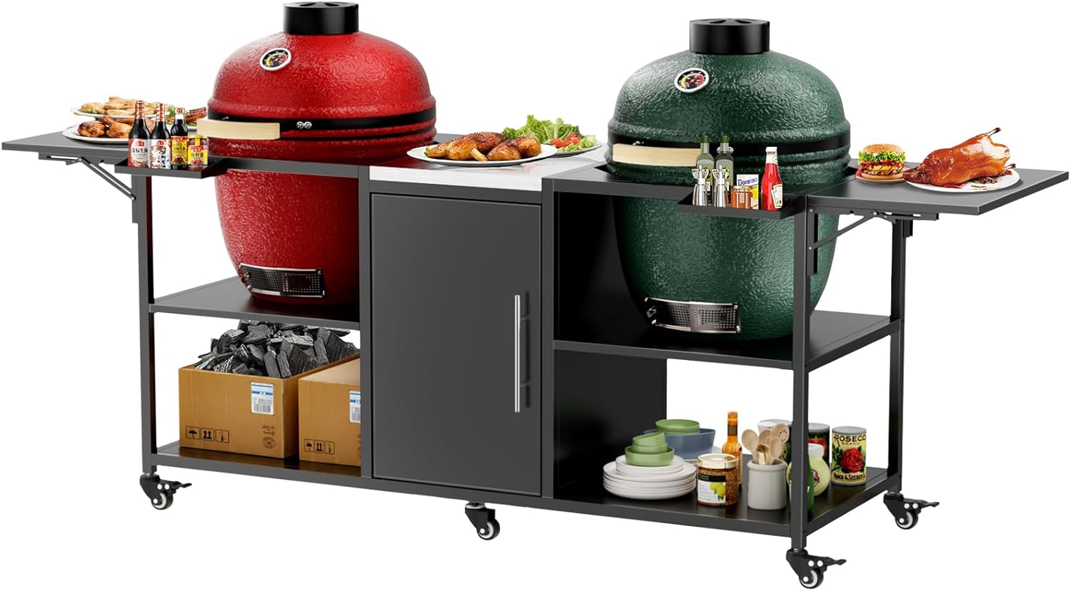 Outdoor Grill Table for Double Big Green Egg Style BBQ, Metal Grill Cart with Storage Box, Compatible with up to Large, Medium Green Egg, Kamado Joe Jr