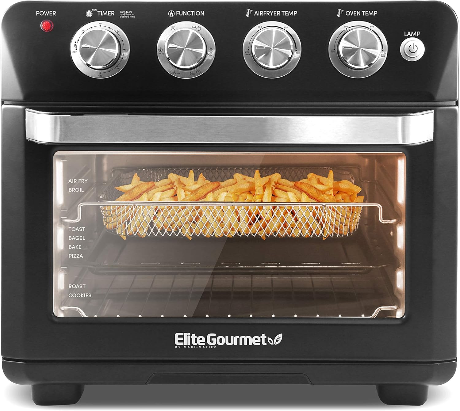 Elite Gourmet EAF9100 Maxi-Matic Electric Fryer Oven, Oil-Less Convection Oven Extra large 25L Capacity, Grill, Bake, Roast, Air Fryer, 1640-Watts, Black, 16.88