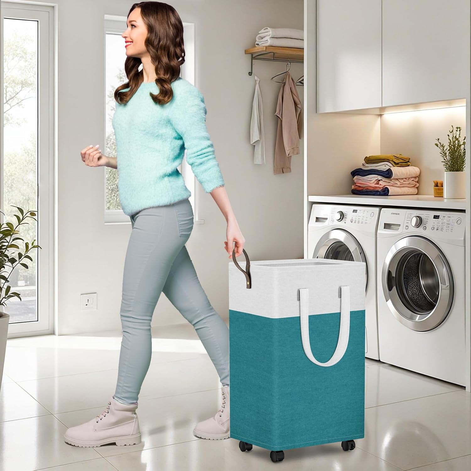 HomeHacks 75L Rolling Laundry Basket with Wheels, Collapsible & Waterproof Laundry Hamper, Mobile Clothes Hamper, Storage Laundry Bins with Handles for Laundry Room, Bedroom, Bathroom & Dorm, Green