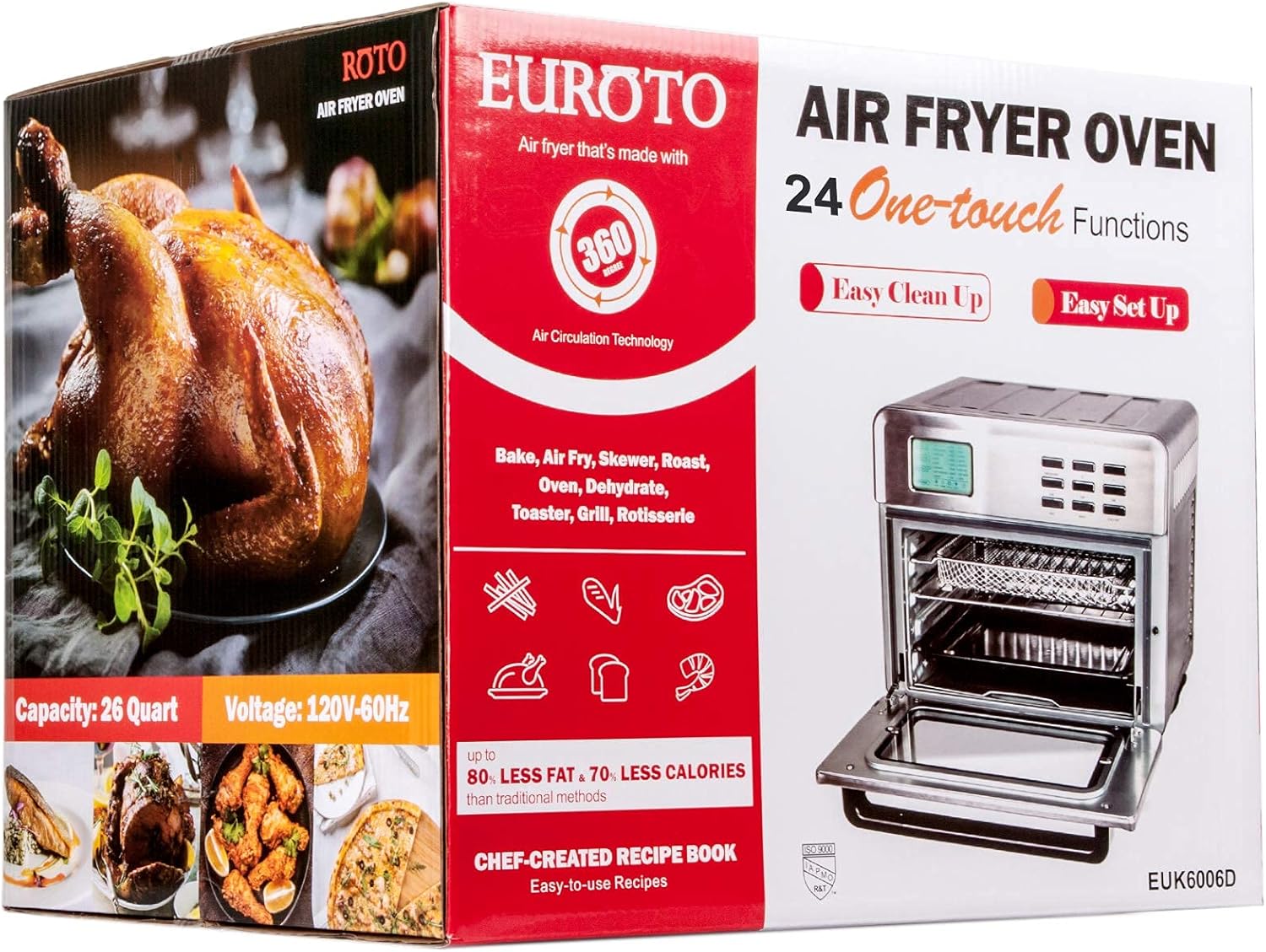 EUROTO Stainless Steel Large Capacity 26.8 QT Air Fryer Oven, 24 in 1 Multi-function, 360 Air Circulation Toaster Oven, LCD digital Display, 4 Layer Shelves, Included Oven Gloves & Apron Up to 450°F