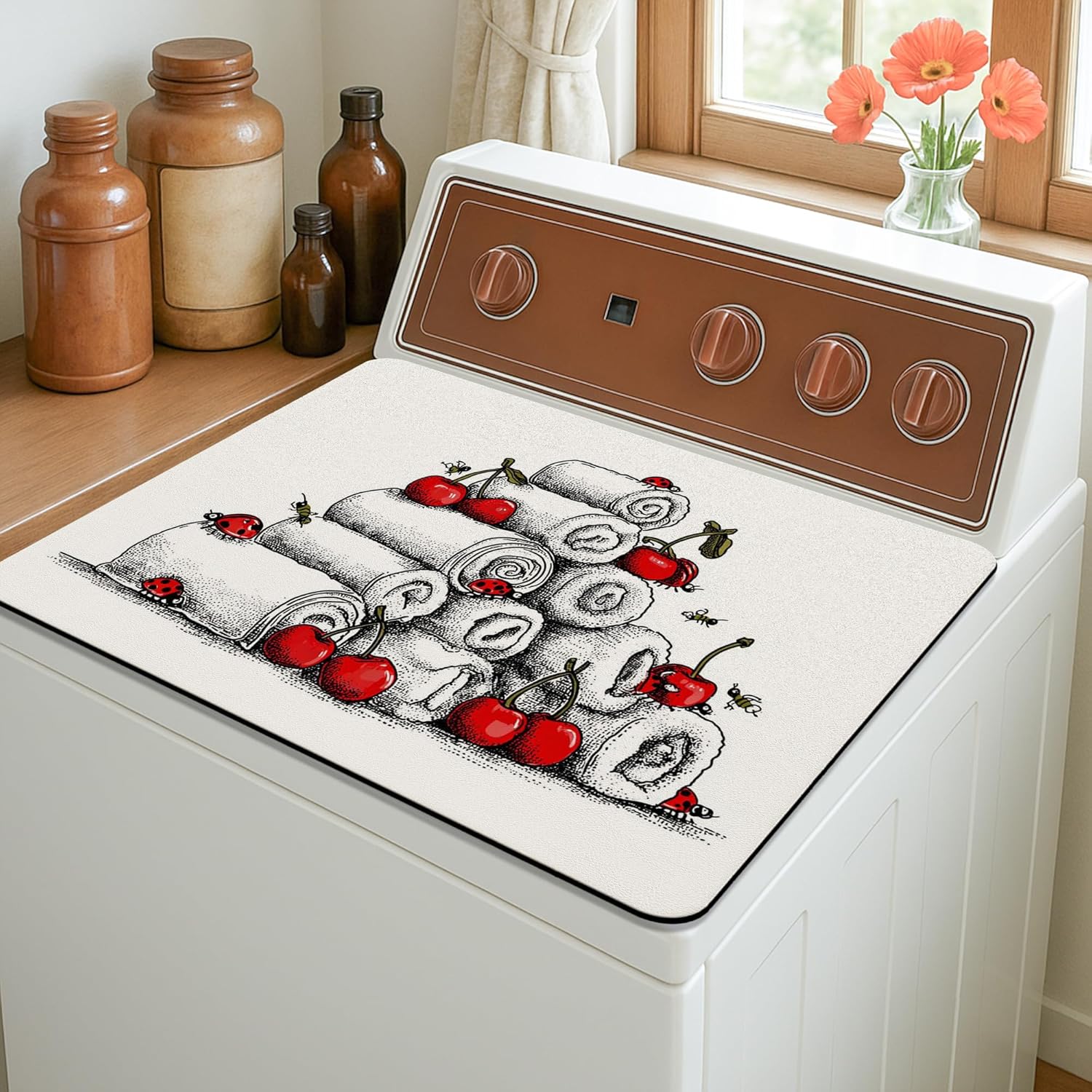 Cherries Print Washer Dryer Top Protector Mat, Vintage Floral Cherries Blossom Laundry Machine Covers, Spring Waterproof Rubber Anti-slip Washer And Dryer Mats for Laundry Room 20x24 Inch