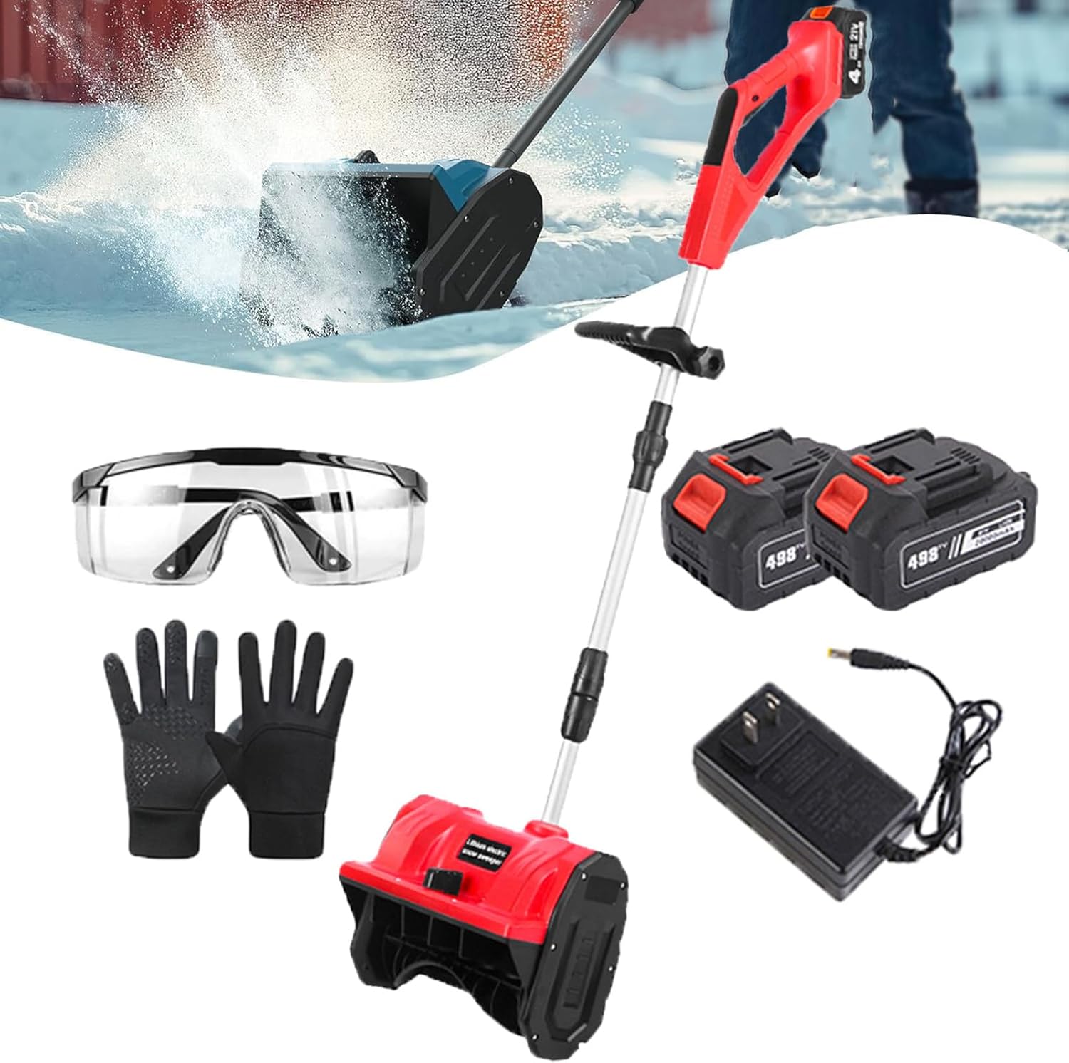 Home Cordless Snow Shovel with Battery and Charger, Electric Folding Snow Blower with 13in Width, 6in Depth, 26ft Throw Distance for Patio Deck Driveway,Red-2Batteries