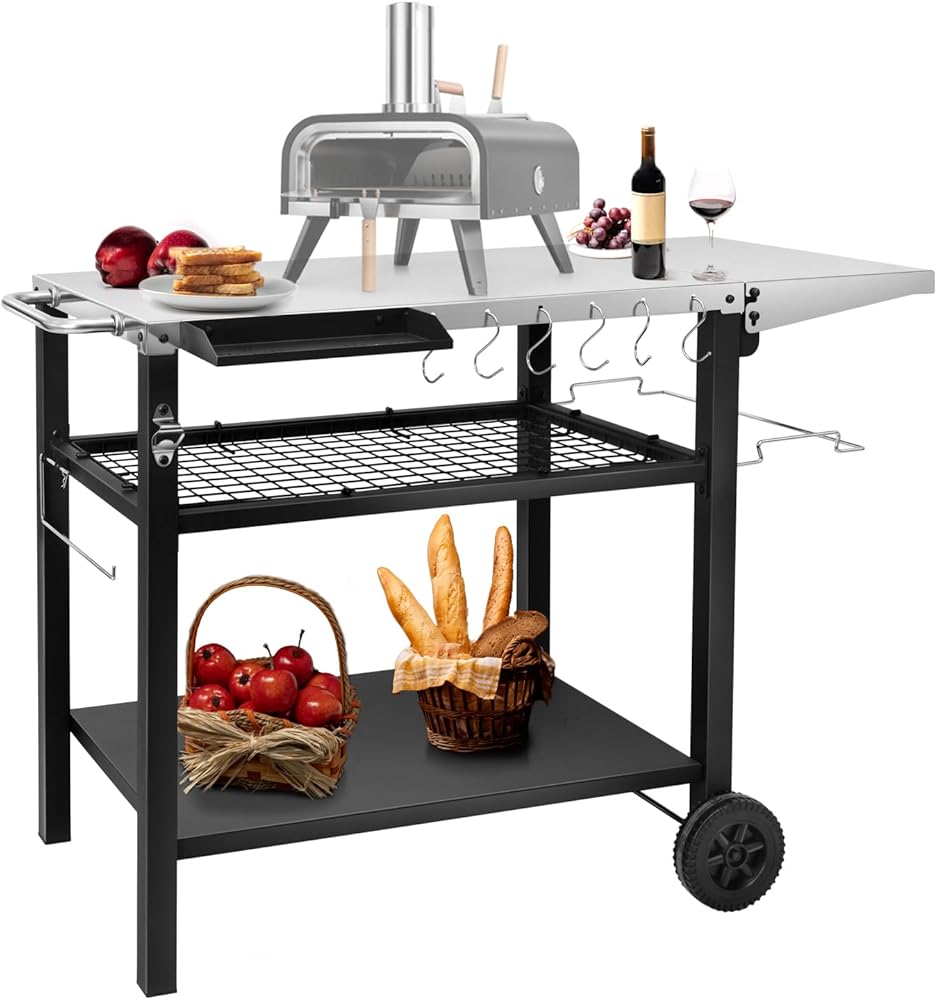 EDOSTORY Outdoor Grill Cart Pizza Oven Stand, Three-Shelf Stainless Steel Food Prep Table Patio BBQ Grill Table Bar Cart Kitchen Island with Wheels