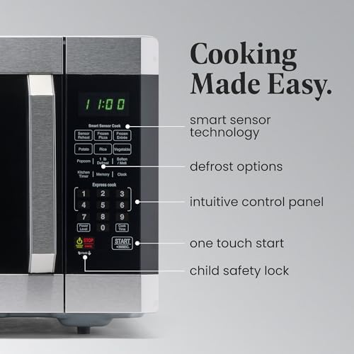 Farberware 1.6 Cu. Ft. Countertop Microwave Oven – 1100 Watts Power, Smart Sensor Auto Cook Settings, Defrost, Easy Clean and Child Safety Lock - Stainless